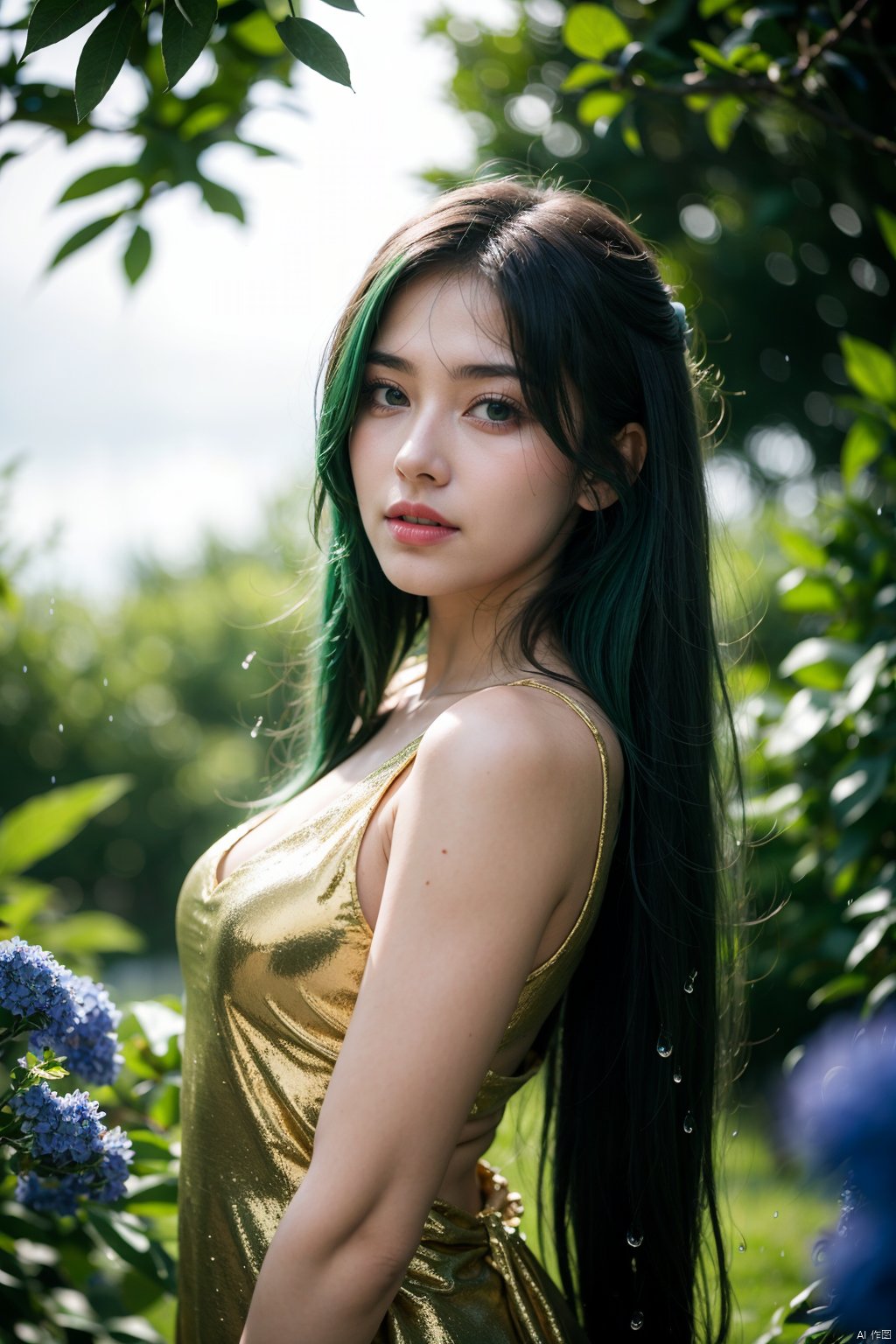 21yo girl, long swirling green hair, lavish green leaves, falling blue flowers, celestial lighting, butterflies, tree branches, sky, golden glowing, water drops, 