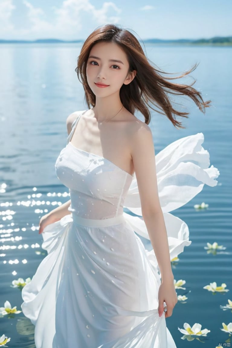  DSLR, depth of field, (1girl:1.2), , very long hair, low twintails, yellow eyes, light smile, looking at viewer, white shirt, white skirt, (flying white chiffon:1.5), bare shoulder, (flying blue petals:1.2), (standing above water surface), sky background, (cloud:1.2), white bird, floating water drops, (white border:1.2) , 
backlight, , jujingyi, taoist robe, ll-hd,(((large breasts)), depth of field,, yuanyuan