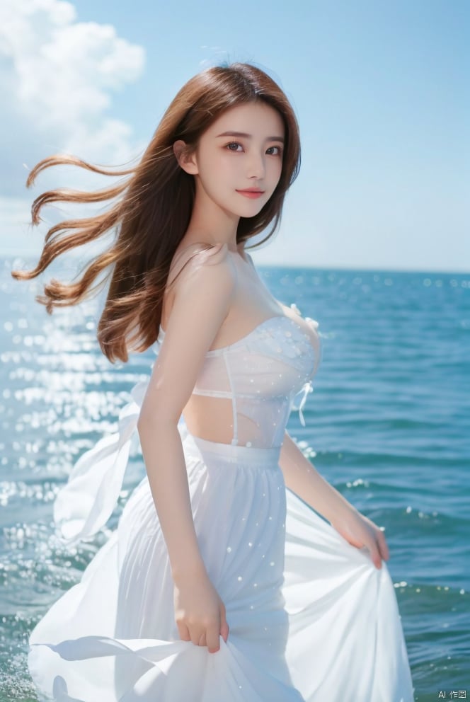  DSLR, depth of field, (1girl:1.2), , very long hair, low twintails, yellow eyes, light smile, looking at viewer, white shirt, white skirt, (flying white chiffon:1.5), bare shoulder, (flying blue petals:1.2), (standing above water surface), sky background, (cloud:1.2), white bird, floating water drops, (white border:1.2) , 
backlight, , jujingyi, taoist robe, ll-hd,(((large breasts)), depth of field,, yuanyuan