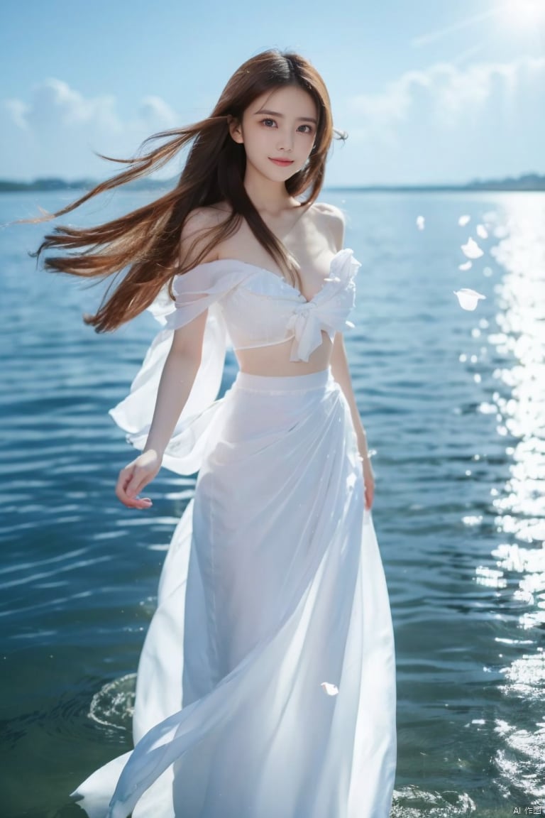  DSLR, depth of field, (1girl:1.2), , very long hair, low twintails, yellow eyes, light smile, looking at viewer, white shirt, white skirt, (flying white chiffon:1.5), bare shoulder, (flying blue petals:1.2), (standing above water surface), sky background, (cloud:1.2), white bird, floating water drops, (white border:1.2) , 
backlight, , jujingyi, taoist robe, ll-hd,(((large breasts)), depth of field,, yuanyuan