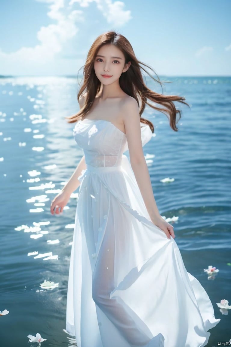  DSLR, depth of field, (1girl:1.2), , very long hair, low twintails, yellow eyes, light smile, looking at viewer, white shirt, white skirt, (flying white chiffon:1.5), bare shoulder, (flying blue petals:1.2), (standing above water surface), sky background, (cloud:1.2), white bird, floating water drops, (white border:1.2) , 
backlight, , jujingyi, taoist robe, ll-hd,(((large breasts)), depth of field,, yuanyuan