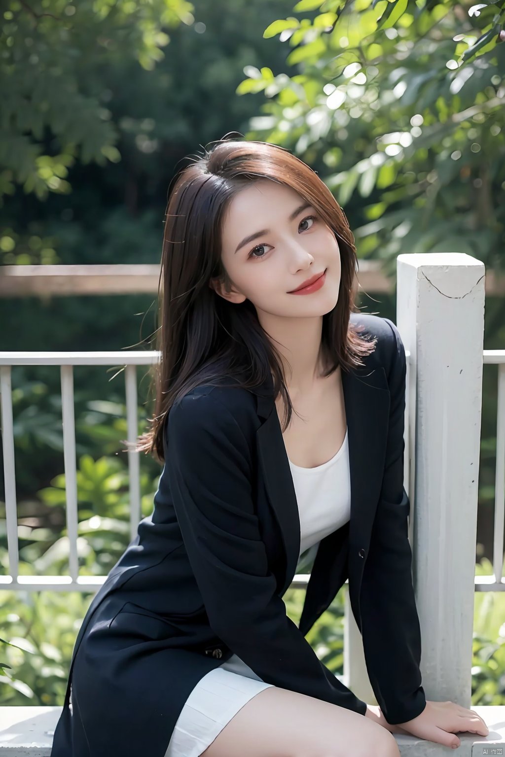  The image features a beautiful young Asian woman with long, dark hair sitting on a balcony with a cat in the background. The woman is looking into the camera with a smile on her face, her eyes sparkling with joy and contentment. Her hair is neatly styled and her makeup is natural yet enhance her features. She wears a black coat that complements her skin tone. The lighting in the image is natural and warm, casting a soft glow on the woman and the surrounding environment. The colors in the image are vibrant and rich, with the blue sky and green trees in the background providing a beautiful contrast to the woman and the cat. The style of the image is casual yet elegant, with the woman's outfit and the setting creating a relaxed and comfortable atmosphere. The quality of the image is excellent, with sharp details and smooth transitions between colors and tones. The woman's action in the image is sitting and smiling, with her hands resting on the railing. Her posture and facial expression convey a sense of happiness and contentment, as if she is enjoying a peaceful and pleasant moment. The woman's expression and the overall atmosphere of the image suggest a sense of relaxation and enjoyment. She seems to be in a good mood, perhaps enjoying a leisurely day or spending time with her cat. The image captures a moment of tranquility and happiness, making it a beautiful and memorable scene.,Film Photography, yuanyuan