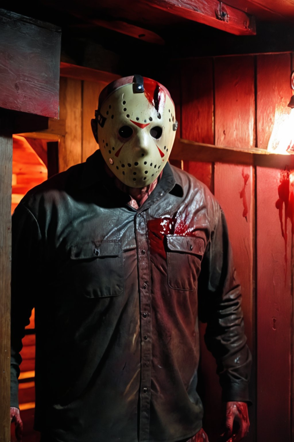 a guy standing at cabin, night, Jason Voorhees unmasked, Jason Voorhees outfit, (full body:1.2), dark night, bloodied face, murder, brutal gore, bloodied guy, bloodied body, bloodied clothes, gore stills, lots of bloods, blood at floor and wall, (extremely gore), focus on viewer, front view, psychopath, MilkGore, blood reflection, dynamic light, dynamic shadow, photo real, ultra detailed, masterpiece, ultra realistic bloods, ultra high quality, ultra high resolution, ultra realistic, ultra reflection, ultra lighting, detailed background, detailed around, horror lighting, low key, dark tone, 8k, DAYPro, jasonunmasked