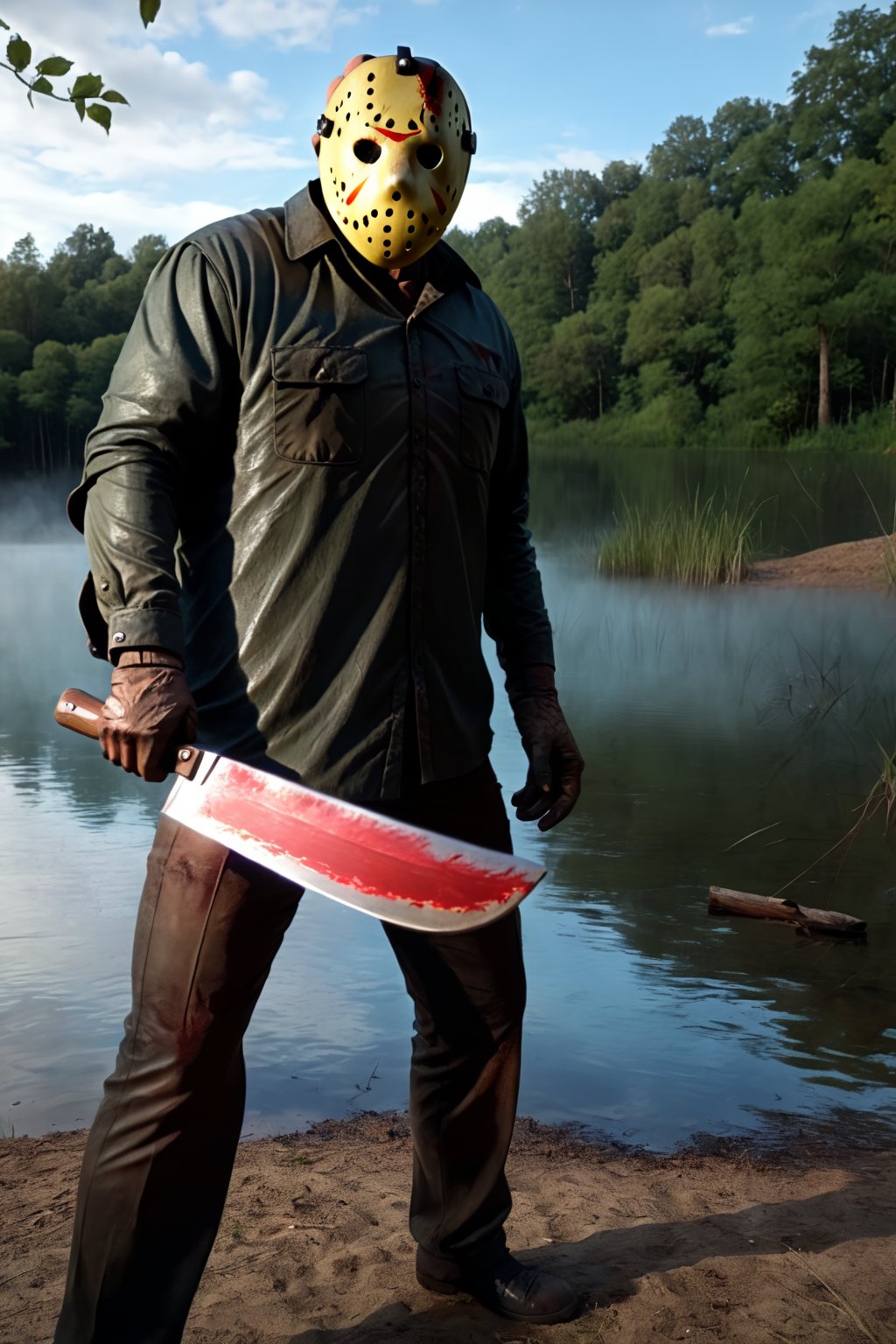 a guy standing at creepy lake, outdoor, creepy day, Jason Voorhees Mask, Jason Voorhees outfit, (full body:1.2), holding an machete, focus on viewer, front view, psychopath, dynamic light, dynamic shadow, photo real, ultra detailed, masterpiece, ultra high quality, ultra high resolution, ultra realistic, ultra reflection, ultra lighting, detailed background, detailed around, dramatic lighting, low key, dark tone, 8k, DAYPro,jasonvoorhees