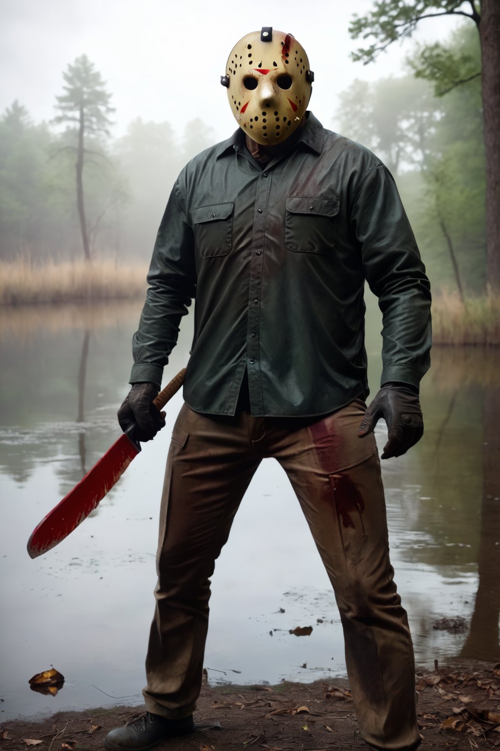 a guy standing at abandoned lake, outdoor, dark day, Jason Voorhees Mask, Jason Voorhees outfit, (full body:1.2), holding an machete, fog, focus on viewer, front view, psychopath, dynamic light, dynamic shadow, photo real, ultra detailed, masterpiece, ultra high quality, ultra high resolution, ultra realistic, ultra reflection, ultra lighting, detailed background, detailed around, dramatic lighting, low key, dark tone, 8k, DAYPro,jasonvoorhees