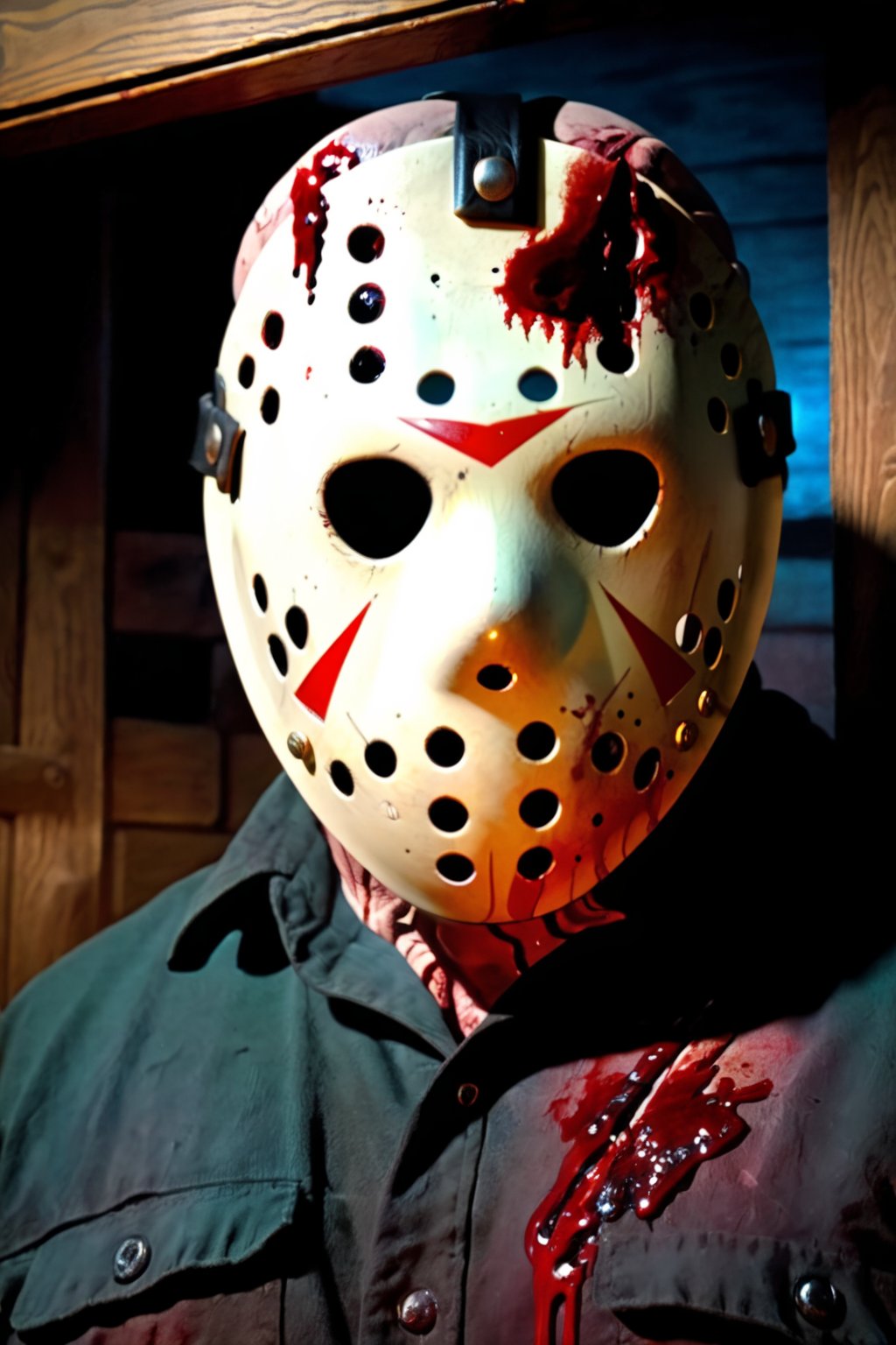 a guy standing at house, night, Jason Voorhees mask, Jason Voorhees costume, (close up:1.2), dark night, bloodied face, murder, brutal gore, bloodied guy, bloodied body, bloodied clothes, gore stills, lots of bloods, blood at floor and wall, (extremely gore), focus on viewer, front view, psychopath, MilkGore, blood reflection, dynamic shadow, photo real, ultra detailed, masterpiece, ultra realistic bloods, ultra high quality, ultra high resolution, ultra realistic, ultra reflection, detailed background, detailed around, vivid color, low key, dark tone, 8k,jasonvoorhees