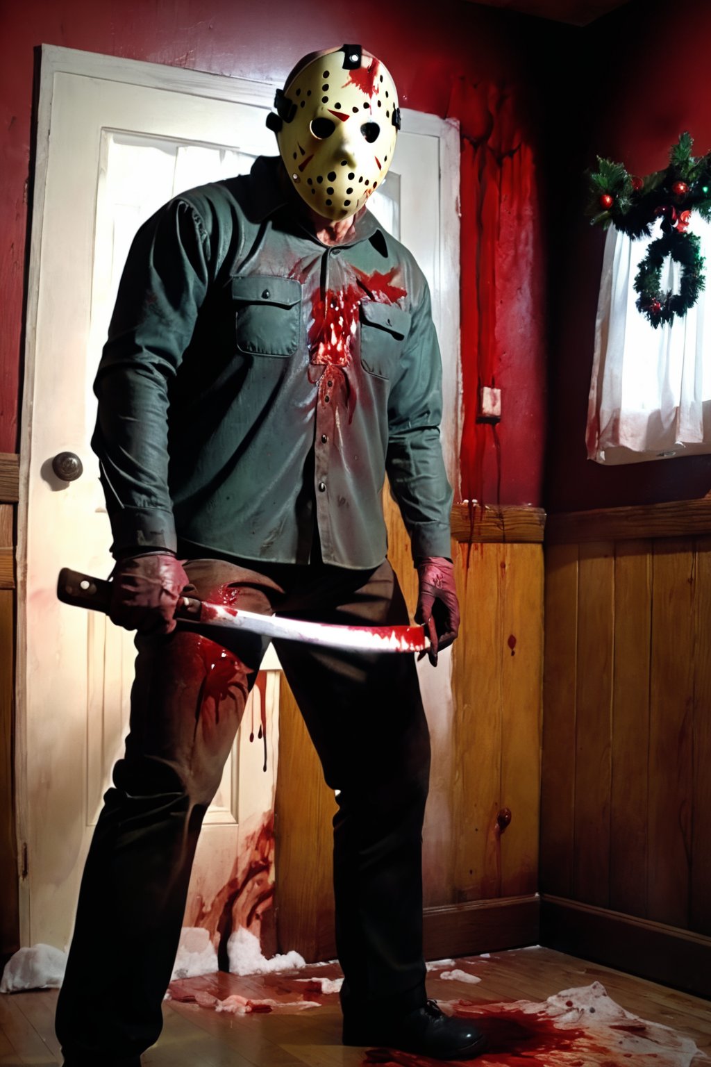 a guy standing at house, Christmas tree, night, Jason Voorhees mask, Jason Voorhees costume, ((Christmas hat)), (upper body:1.2), dark night, bloodied face, murder, brutal gore, bloodied guy, bloodied body, bloodied clothes, gore stills, lots of bloods, blood at floor and wall, (extremely gore), focus on viewer, front view, psychopath, MilkGore, blood reflection, dynamic shadow, photo real, ultra detailed, masterpiece, ultra realistic bloods, ultra high quality, ultra high resolution, ultra realistic, ultra reflection, detailed background, detailed around, vivid color, low key, dark tone, 8k,jasonvoorhees