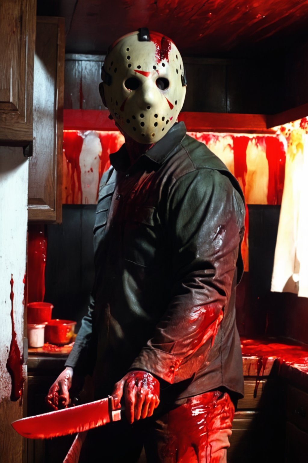 a guy standing at cabin, kitchen interior, night, Jason Voorhees (unmasked), Jason Voorhees outfit, holding an machete, (full body:1.2), dark night, bloodied face, murder, brutal gore, bloodied guy, bloodied body, bloodied clothes, gore stills, lots of bloods, blood at floor and wall, (extremely gore), focus on viewer, front view, psychopath, MilkGore, blood reflection, dynamic light, dynamic shadow, photo real, ultra detailed, masterpiece, ultra realistic bloods, ultra high quality, ultra high resolution, ultra realistic, ultra reflection, ultra lighting, detailed background, detailed around, horror lighting, low key, dark tone, 8k, DAYPro, jasonunmasked