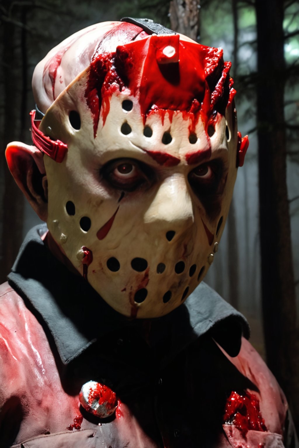 a guy standing at snow forest, Christmas tree, night, Jason Voorhees ((unmasked)), Jason Voorhees costume, holding an machete, Christmas hat, (full body:1.2), dark night, bloodied face, murder, brutal gore, bloodied guy, bloodied body, bloodied clothes, gore stills, lots of bloods, blood at snow, (extremely gore), focus on viewer, front view, psychopath, MilkGore, blood reflection, dynamic light, dynamic shadow, photo real, ultra detailed, masterpiece, ultra realistic bloods, ultra high quality, ultra high resolution, ultra realistic, ultra reflection, ultra lighting, detailed background, detailed around, horror lighting, low key, dark tone, 8k, ((jasonunmasked))