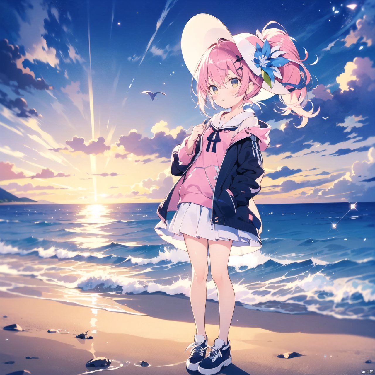 white background,solo,loli,Pink hair,Yellow eyes,high ponytail,beach,high ponytail,hair flower,frilled shirt collar,facula,spot,messy hair,fipped hair,floating hair,(petite),(loli),(solo),(open jacket),staring,blank stare,visor,towel,ribbon,sun hat,innertube,sail,(full body, wide shot, mid shot, panorama),blue sky,cloudy,