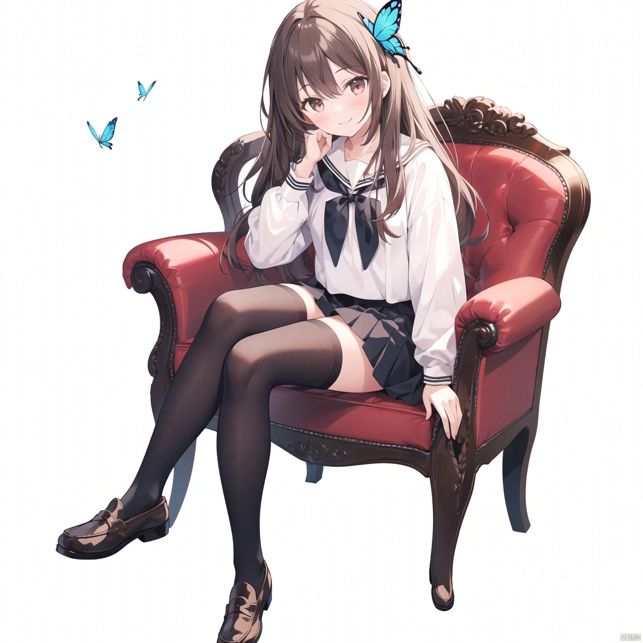 1girl,black_legwear,black_skirt,brown_eyes,brown_hair,bug,butterfly,full_body,hair_ornament,loafers,long_hair,long_sleeves,looking_at_viewer,pleated_skirt,shoes,simple_background,sitting,skirt,smile,solo,thighhighs,white_background,