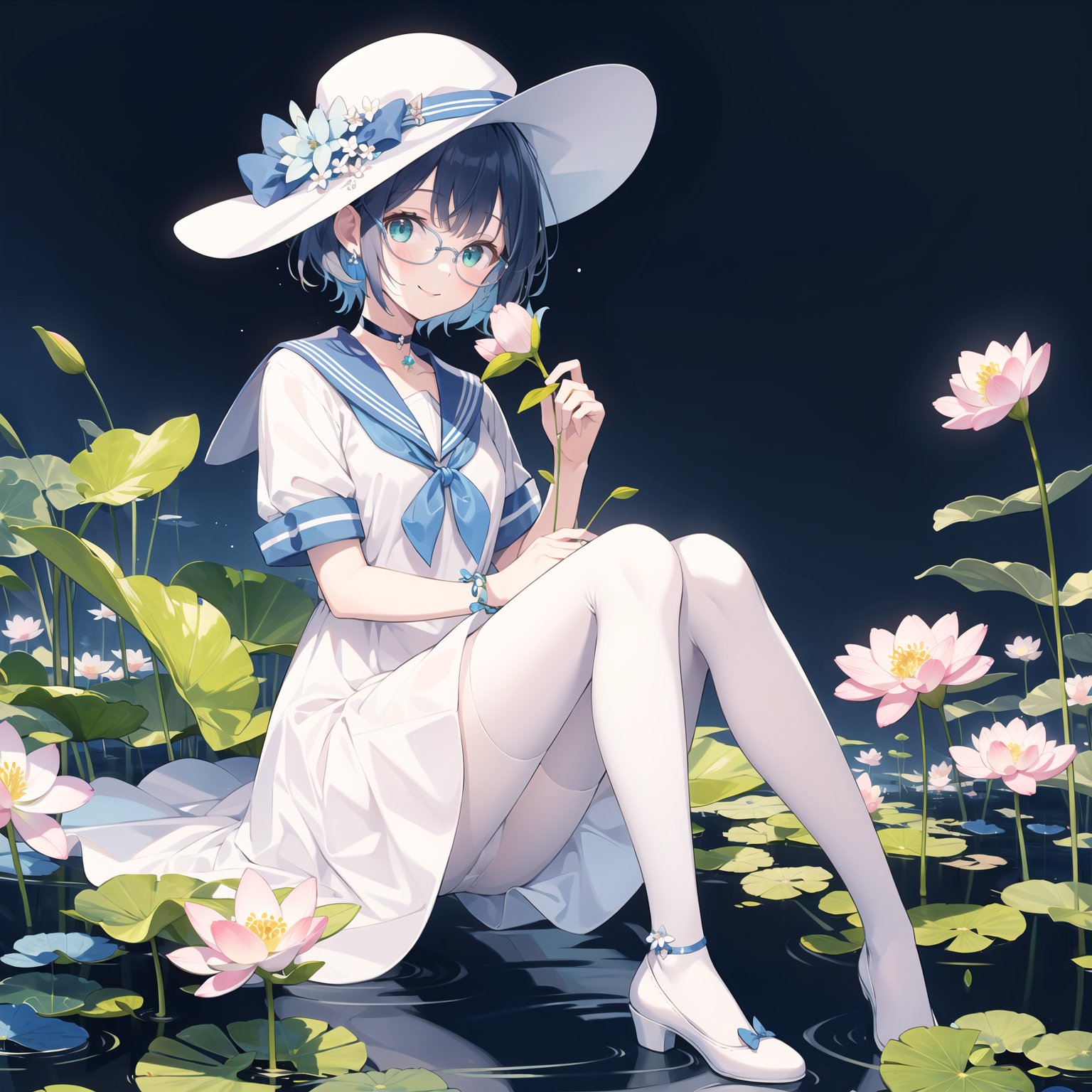 1girl,blue_bow,blue_choker,blue_flower,blue_ribbon,choker,copyright_name,daisy,dress,floral_background,flower,full_body,glasses,green_eyes,hat,holding,holding_flower,hydrangea,leaf,lily_\(flower\),lily_of_the_valley,lotus,morning_glory,plant,ribbon,sailor_collar,short_hair,short_sleeves,sitting,smile,solo,white_flower,white_headwear,white pantyhose,