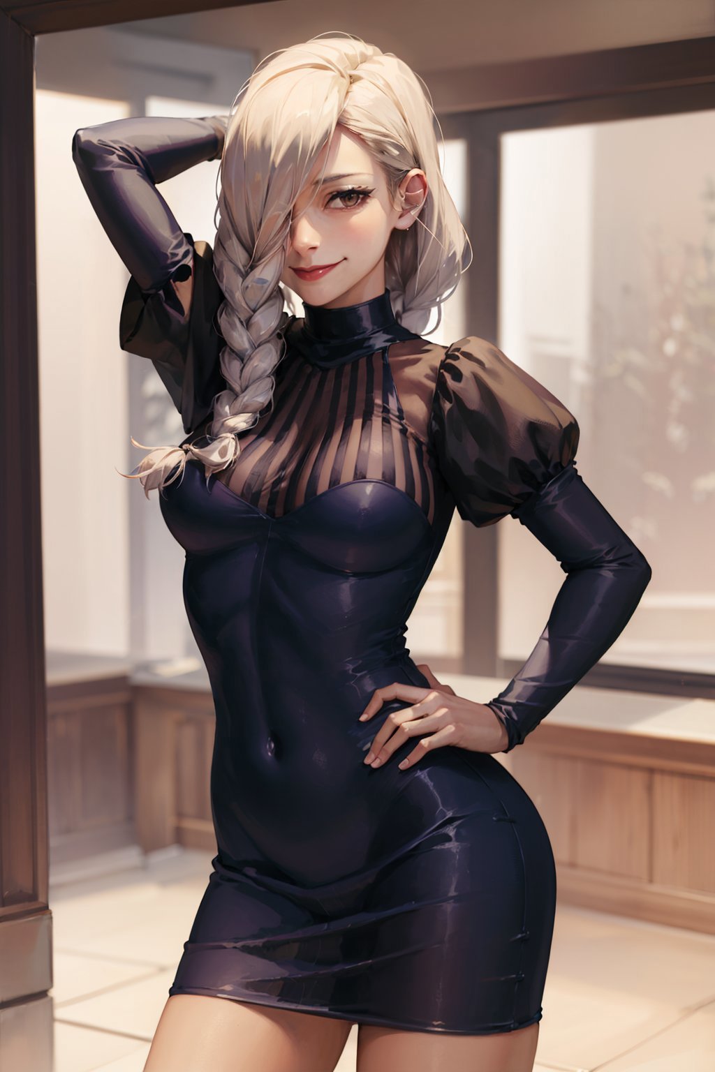 (masterpiece, best quality:1.2), <lora:jjk_meimei-10:0.9>, solo, 1girl, meimei, smile, closed mouth, looking at viewer, hand on hip, hair over one eye, turtleneck dress, puffy long sleeves