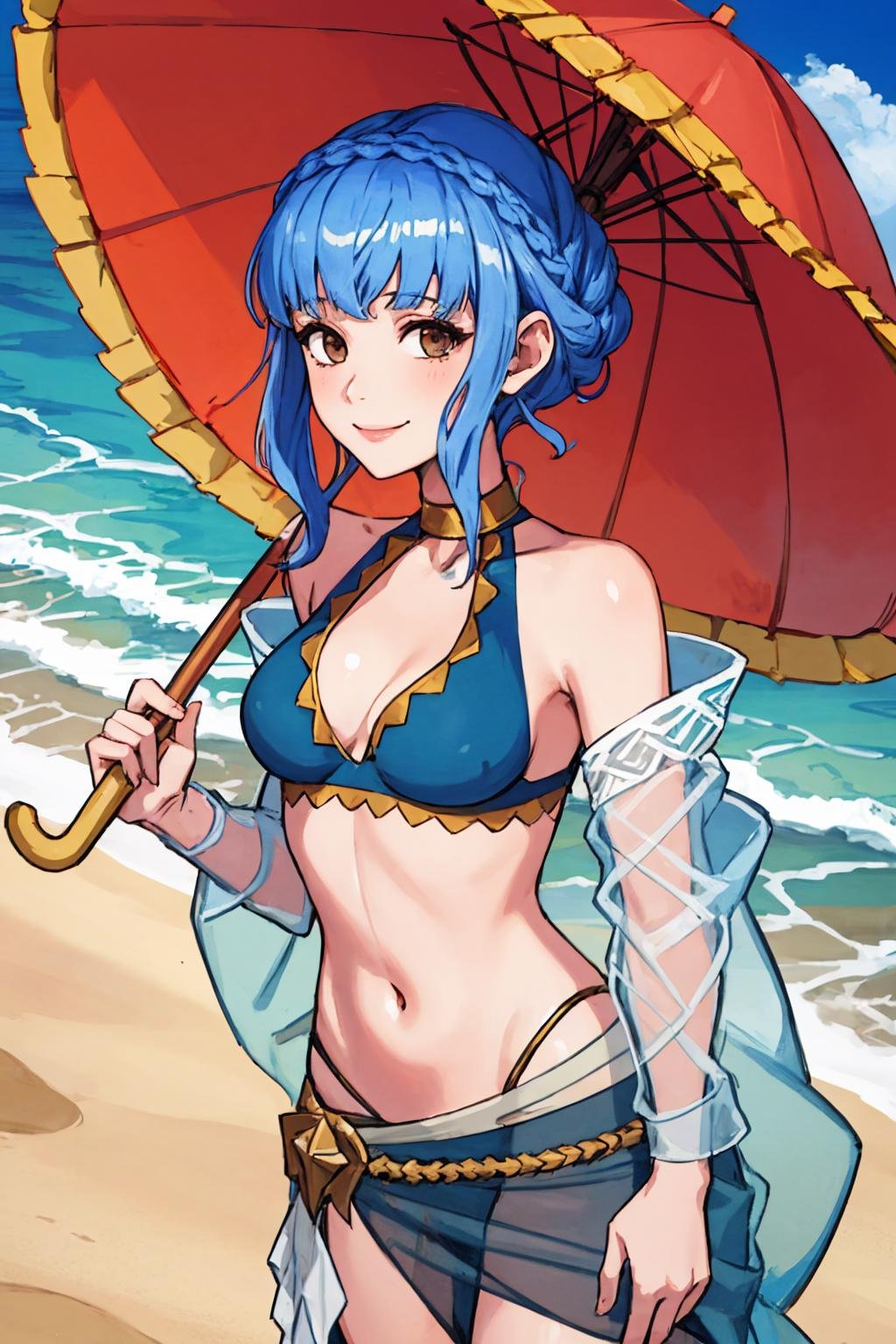 (masterpiece, best quality:1.2), solo, 1girl, mariannebikini, smile, looking at viewer, holding parasol, crown braid, see-through, blue bikini, sarong, beach <lora:fireemblem_marianne_v2-10:1>