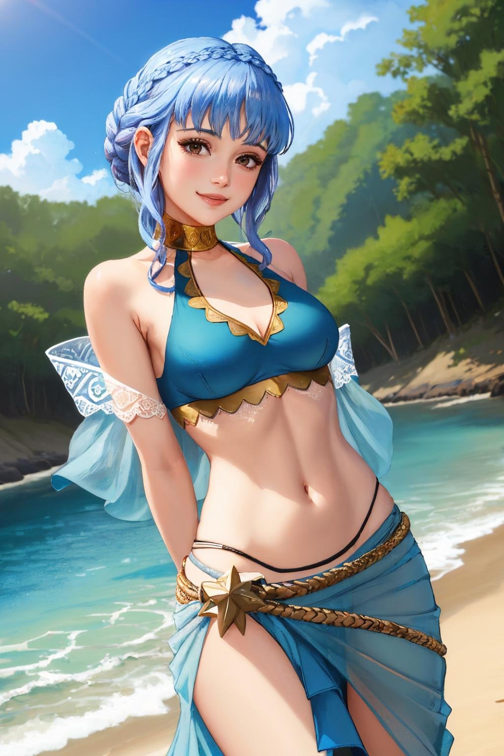 (masterpiece, best quality:1.2), solo, 1girl, mariannebikini, smile, looking at viewer, arms behind back, crown braid, see-through, blue bikini, sarong, beach <lora:fireemblem_marianne_v2:1>