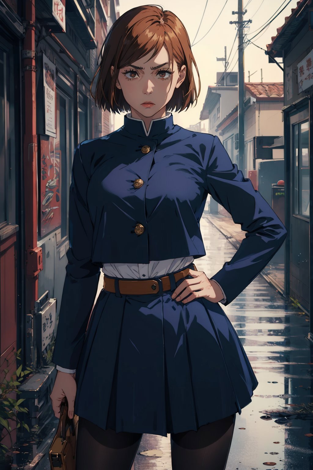 (masterpiece, best quality:1.2), <lora:jjk_kugisaki-15:1>, cowboy shot, solo, 1girl, kugisaki nobara, expressionless, closed mouth, looking at viewer, hand on hip, school uniform, jacket, skirt, pantyhose