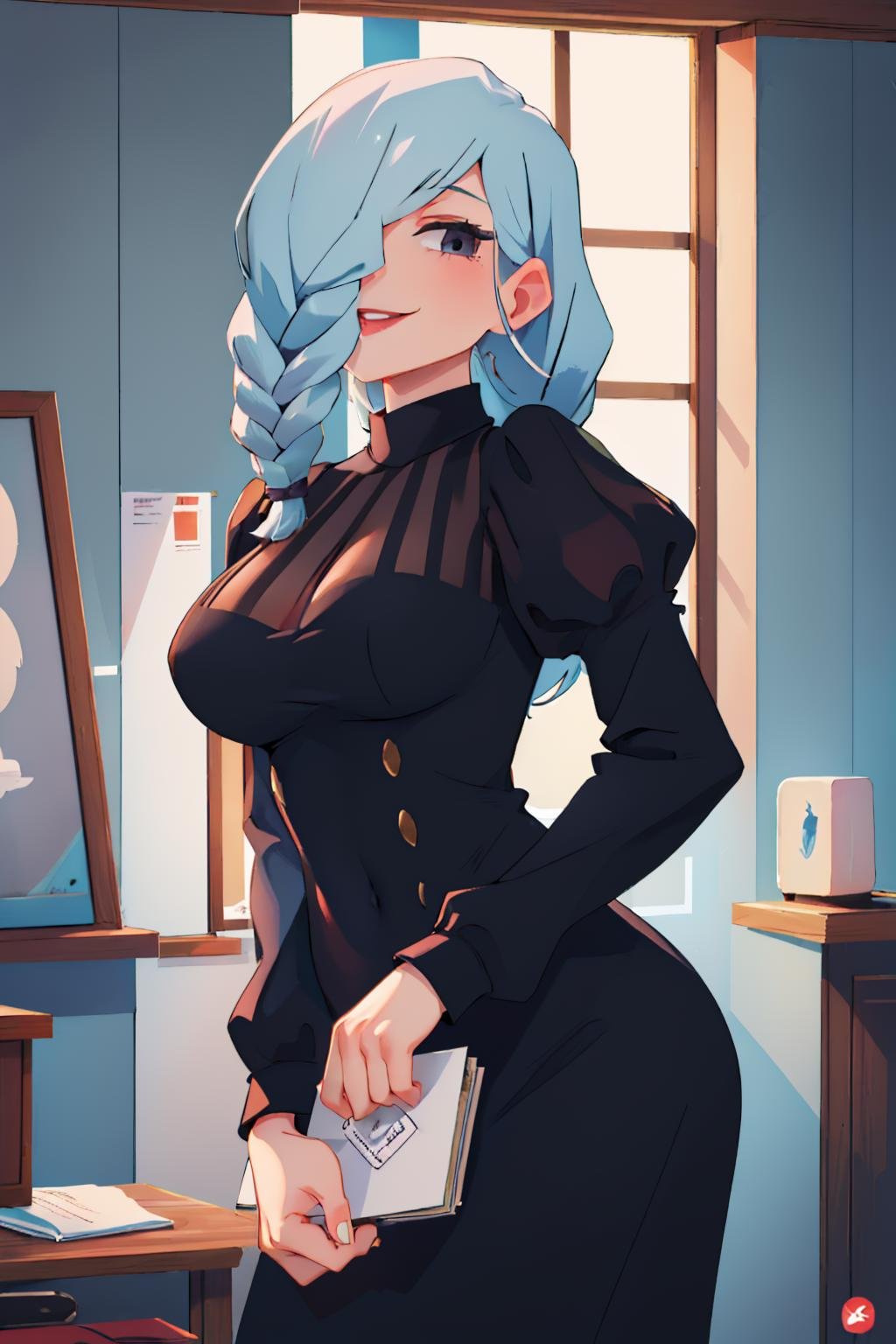 (masterpiece, best quality:1.2), solo, 1girl, meimeidef, smile, looking at viewer, hair over one eye, black dress, puffy sleeves, long sleeves <lora:jjk_meimei_v2-25:1>