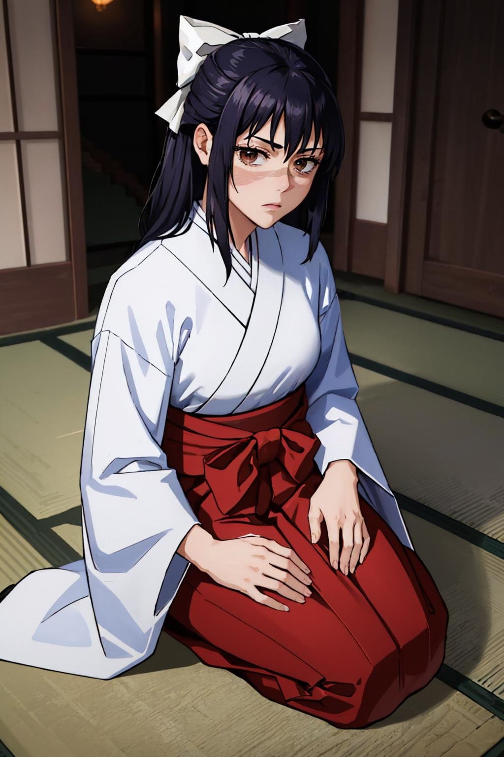 (masterpiece, best quality:1.2), solo, 1girl, ioricurrent, scar, expressionless, looking at viewer, seiza, hair bow, japanese clothes, white kimono, red hakama <lora:jjk_iori_v2-30:1>