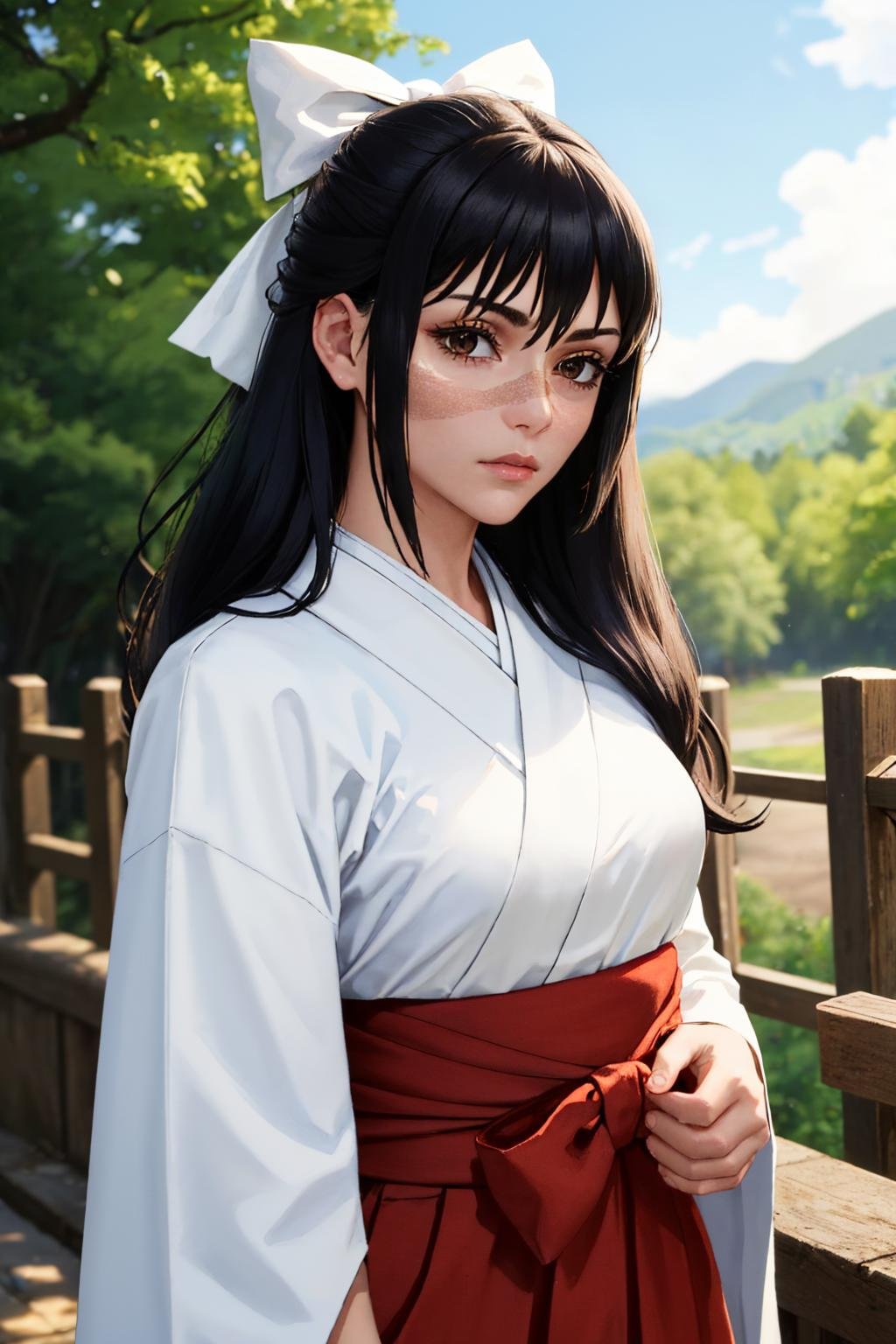 (masterpiece, best quality:1.2), solo, 1girl, ioricurrent, scar, expressionless, looking at viewer, hair bow, japanese clothes, white kimono, red hakama <lora:jjk_iori_v2-30:1>