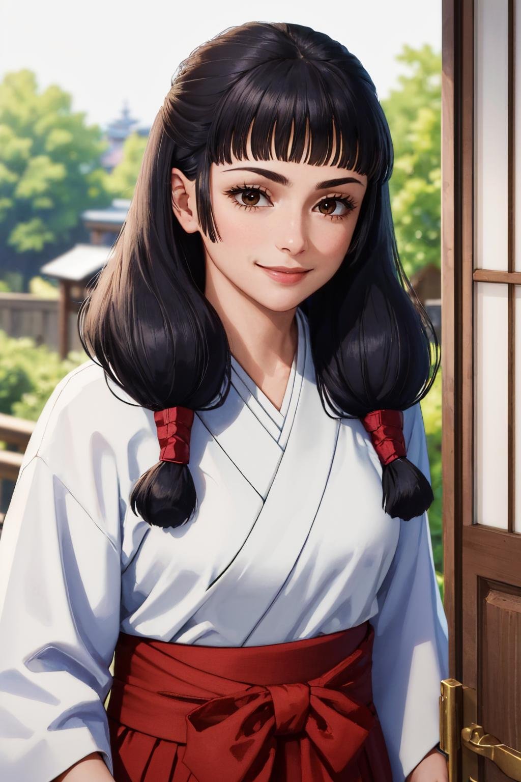 (masterpiece, best quality:1.2), solo, 1girl, ioripast, smile, looking at viewer, low twintails, japanese clothes, white kimono, red hakama <lora:jjk_iori_v2-30:1>