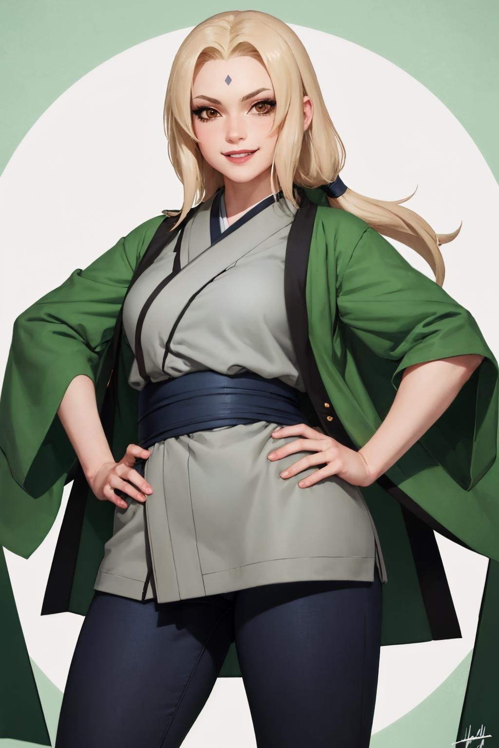 (masterpiece, best quality:1.2), solo, 1girl, tsunadedef, forehead mark, smile, looking at viewer, hand on hip, japanese clothes, green haori, grey kimono, sash, pants <lora:naruto_tsunade-17:1>