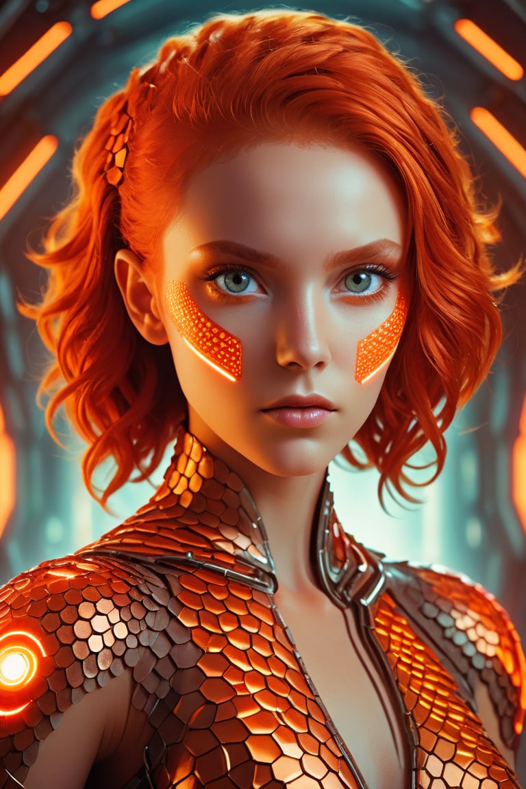 Best quality, raw photo, face portrait, young cyborg woman with fiery red hair. Her face fills the frame, bathed in neon hues, radiating determination and mystery, light metal armor made of Hexagonal Squama, against a futuristic backdrop. ,Hexagonal Squama