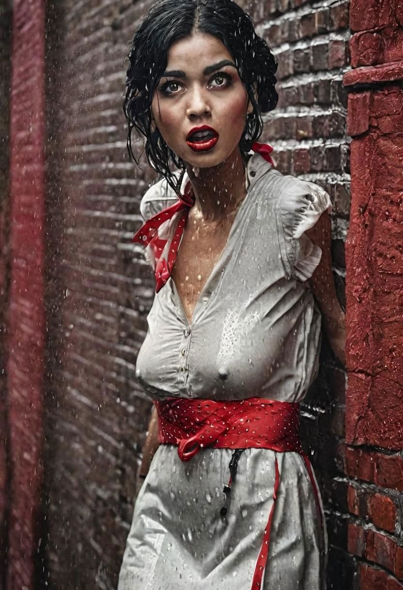 wetshirt, woman standing in a downpour, european village, dirndl dress, (by Steve McCurry, by Alessio Albi, by Lee Jeffries, by Herb Ritts, by Jeremy Mann:0.8), black hair, updo, close-up, leaning against wall, cobblestone, rain, street, bokeh, red ribbons, wetshirt