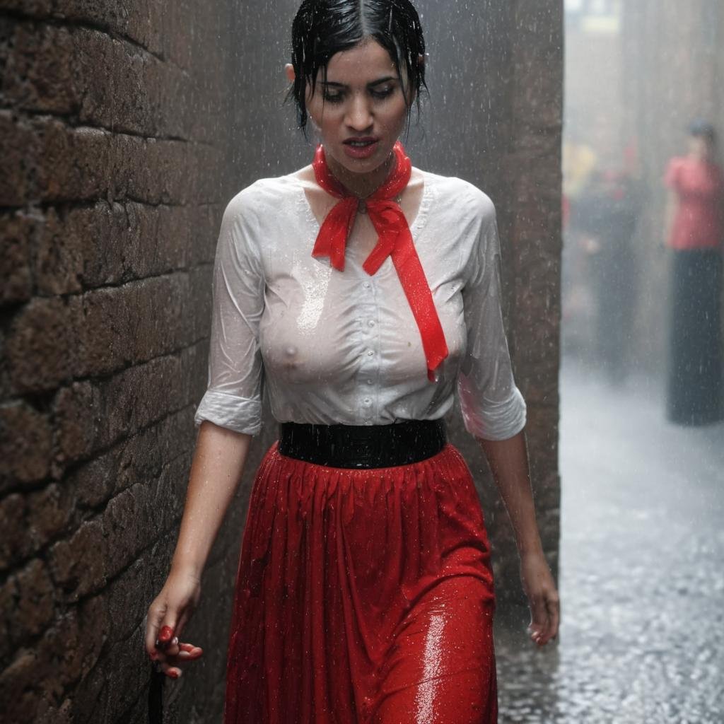 wetshirt, woman standing in a downpour, european village, dirndl dress, (by Steve McCurry, by Alessio Albi, by Lee Jeffries, by Herb Ritts, by Jeremy Mann:0.8), black hair, updo, close-up, leaning against wall, cobblestone, rain, street, bokeh, red ribbons, wetshirt,  <lora:WetshirtXL_-_Wet_T-Shirt_for_SDXL:1>