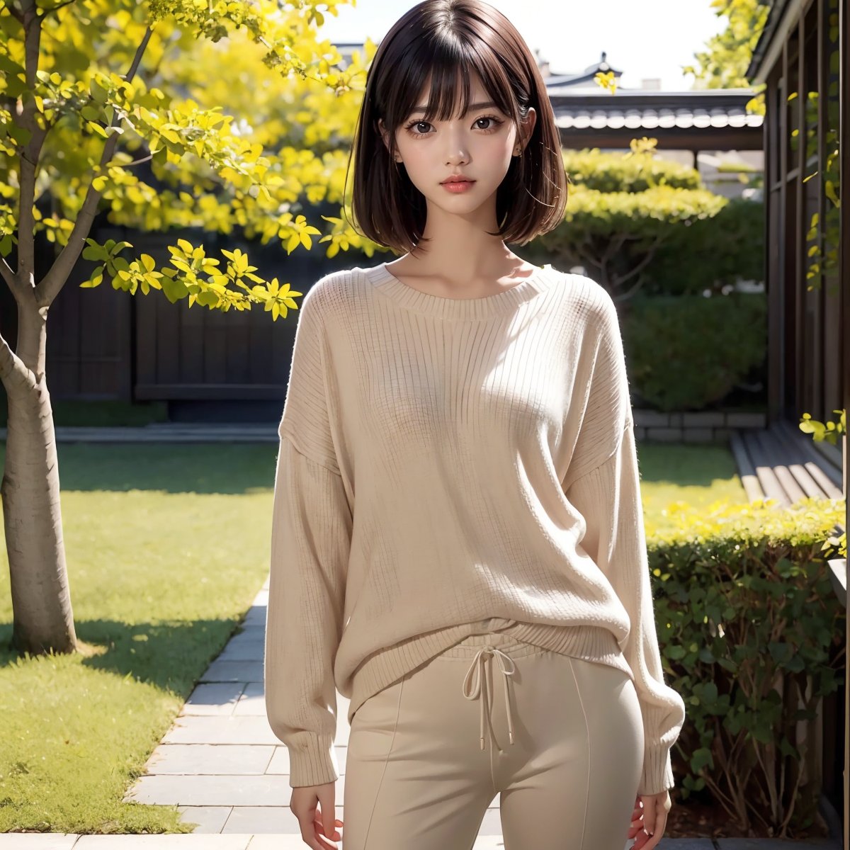 This captivating and visually stunning fractal art depicts a woman's entire body. The official art gives her a strong aesthetic appeal. 4K high resolution rendering. 19 year old Japanese female. Black, straight, short hair with bangs. Black eyes, short eyelashes, small breasts. Standing posture.
Park. White sweater, light peach shirt, light brown long pants.
Full shot.
1 girl. JAPANESE GIRL, akkoj,nanase_nishino