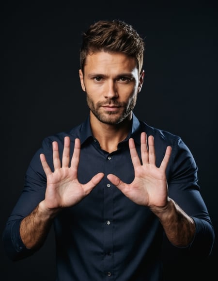 centered, half body photo of 30 y.o man shows hands with five fingers, shirt, natural skin, dark shot