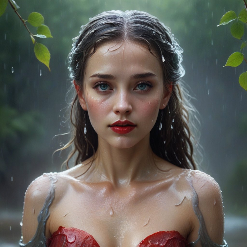 Picture this striking scene: A beautiful woman lies gracefully on the ground as rain falls gently onto her face. Her hair is soaked, glistening with moisture, and there's a hopeful glint in her expression. Her gray eyes seem to capture the essence of the rain falling all around her, while her red lips, like rose petals, stand out vividly amidst the refreshing rain. The raindrops are so realistic that you can almost feel them, and the view is from above, revealing her hands beautifully sculpted, seemingly merging with the nature that surrounds her ,photo r3al,more detail XL,IMGFIX

very beautiful porrtrait, elder female satyr, large eyes,  fur, tribal painting, ancient forest,

hyper realistic, intricate details, wonderfull craftmanship, depth of field, focus sharpened, dynamic action postural poses, creative poses, elegance, sweety, unique art, 8k, Mysterious,LOGO, 