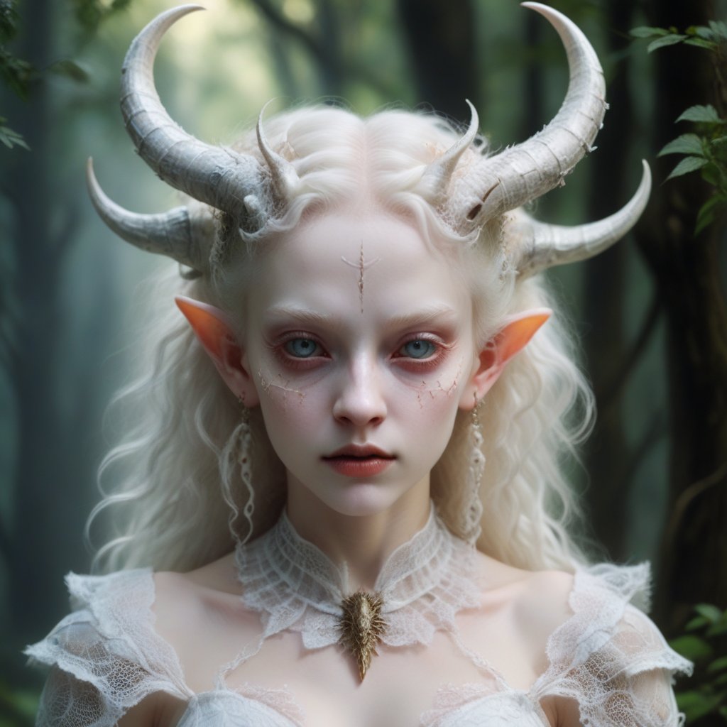 albino demon girl with lethargic sleepy smokey eyes, white curls , insect eyes, antenna , mesh fishnet blouse, (long intricate horns:1.2) best quality, highest quality, extremely detailed CG unity 8k wallpaper, detailed and intricate, 

very beautiful porrtrait, elder female satyr, large eyes,  fur, tribal painting, ancient forest,

hyper realistic, intricate details, wonderfull craftmanship, depth of field, focus sharpened, dynamic action postural poses, creative poses, elegance, sweety, unique art, 8k, Mysterious,LOGO, 