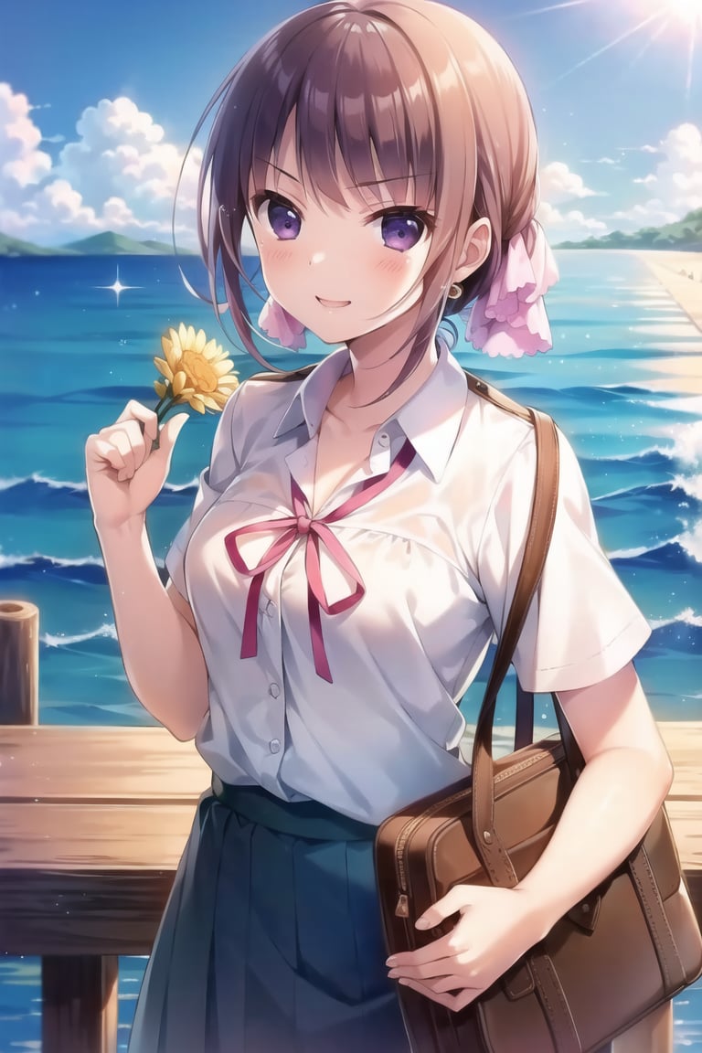 (masterpiece,Best  Quality, High Quality, Best Picture Quality Score: 1.3), (Sharp Picture Quality), Perfect Beauty: 1.5, ,light brown hair, (Japanese School Uniform), One, (Cute School Uniform), pink riddon, Beautiful Girl, Cute,  Mini Skirt, Great Smile, Very Beautiful View, Fluttering Skirt, the sea, (Most fantastic view),A girl standing on a dock,pier,Tied hair, pink ribbon