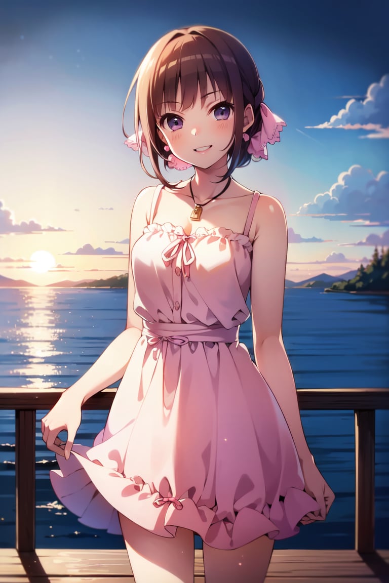 (masterpiece,Best  Quality, High Quality, Best Picture Quality Score: 1.3), (Sharp Picture Quality), Perfect Beauty: 1.5, ,light brown hair, (Beautiful dress), One, pink riddon, Beautiful Girl, Cute,  Mini Skirt, Great Smile, Very Beautiful View, Fluttering Skirt, the sea, (Most fantastic view),A girl standing on a dock,pier,Tied hair, pink ribbon