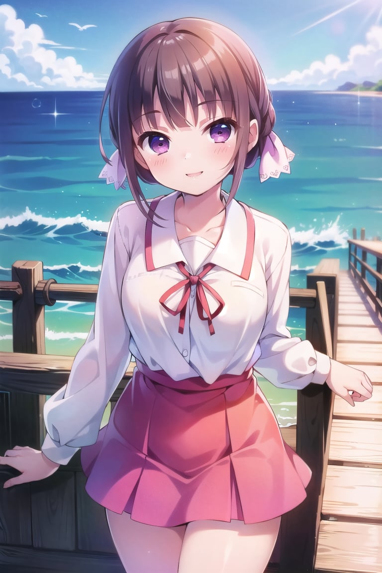 (masterpiece,Best  Quality, High Quality, Best Picture Quality Score: 1.3), (Sharp Picture Quality), Perfect Beauty: 1.5, ,light brown hair, (Japanese School Uniform), One, (Cute School Uniform), pink riddon, Beautiful Girl, Cute,  Mini Skirt, Great Smile, Very Beautiful View, Fluttering Skirt, the sea, (Most fantastic view),A girl standing on a dock,pier,Tied hair, pink ribbon