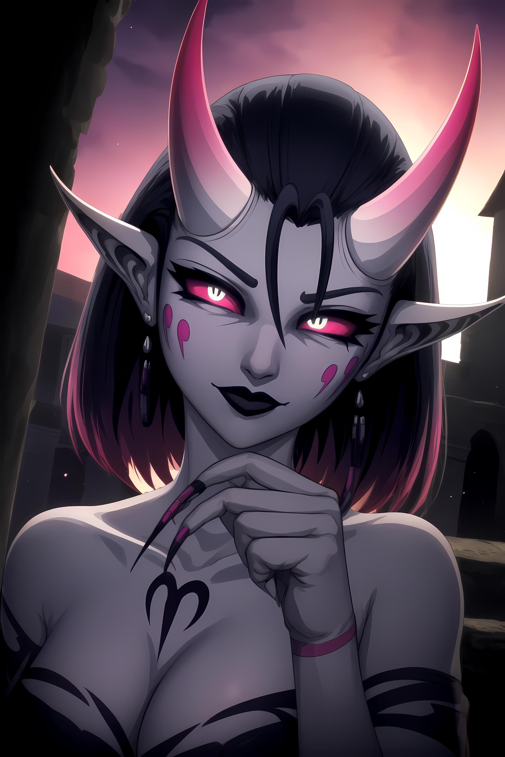 <lora:HerzhaV61-000013:0.9> masterpiece, best quality, 1girl, herzhax, oni horns, smirk, closed mouth, black lips, pink sclera, slit pupils, gothic architecture, (gothic:1.2), rim lighting, night sky, soft lighting, volumetric lighting, soft particles, dark, mysterious, long fingernails, looking at viewer