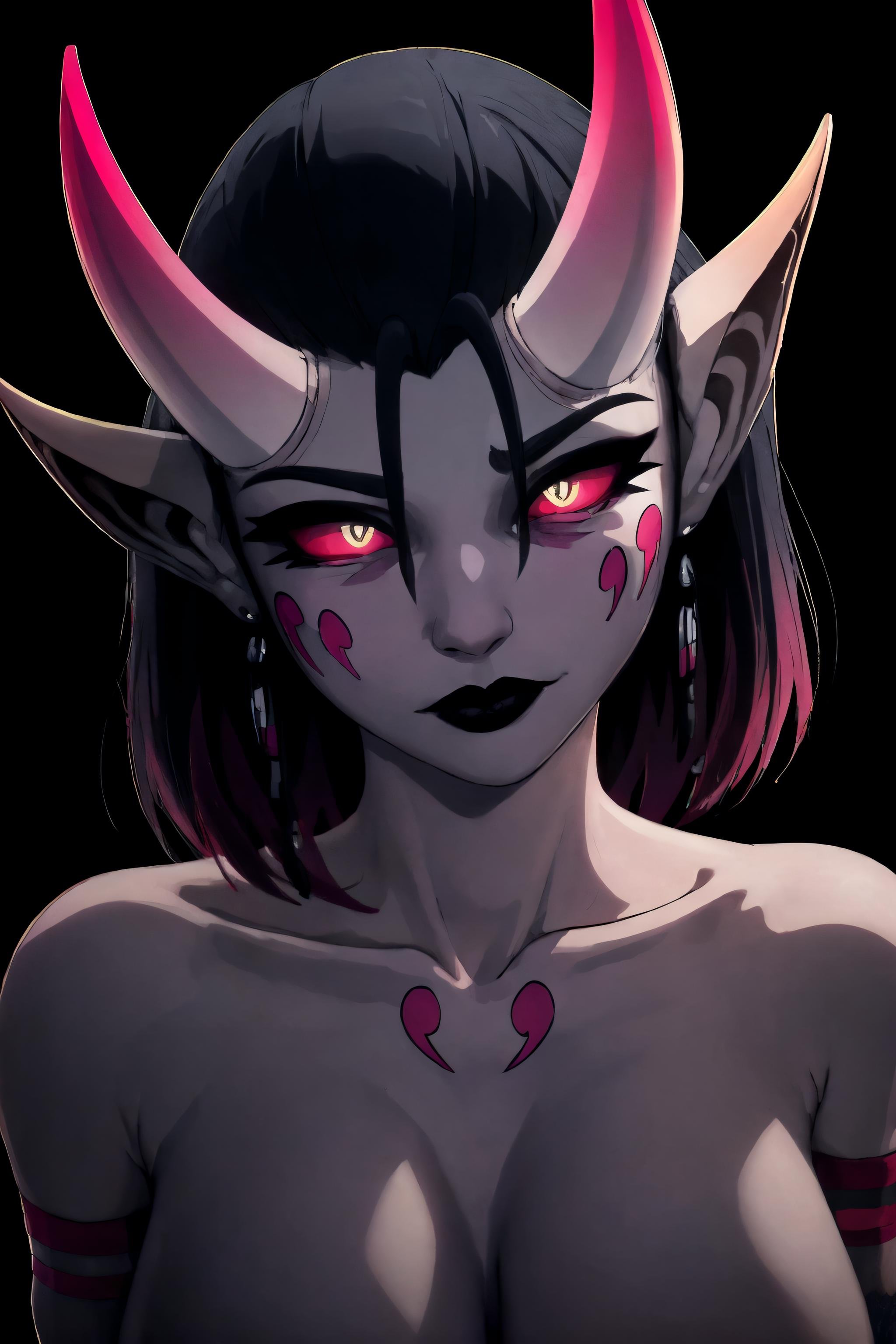 <lora:HerzhaX_V2:1> masterpiece, best quality, 1girl, herzha, oni horns, black lips, pink sclera, slit pupils