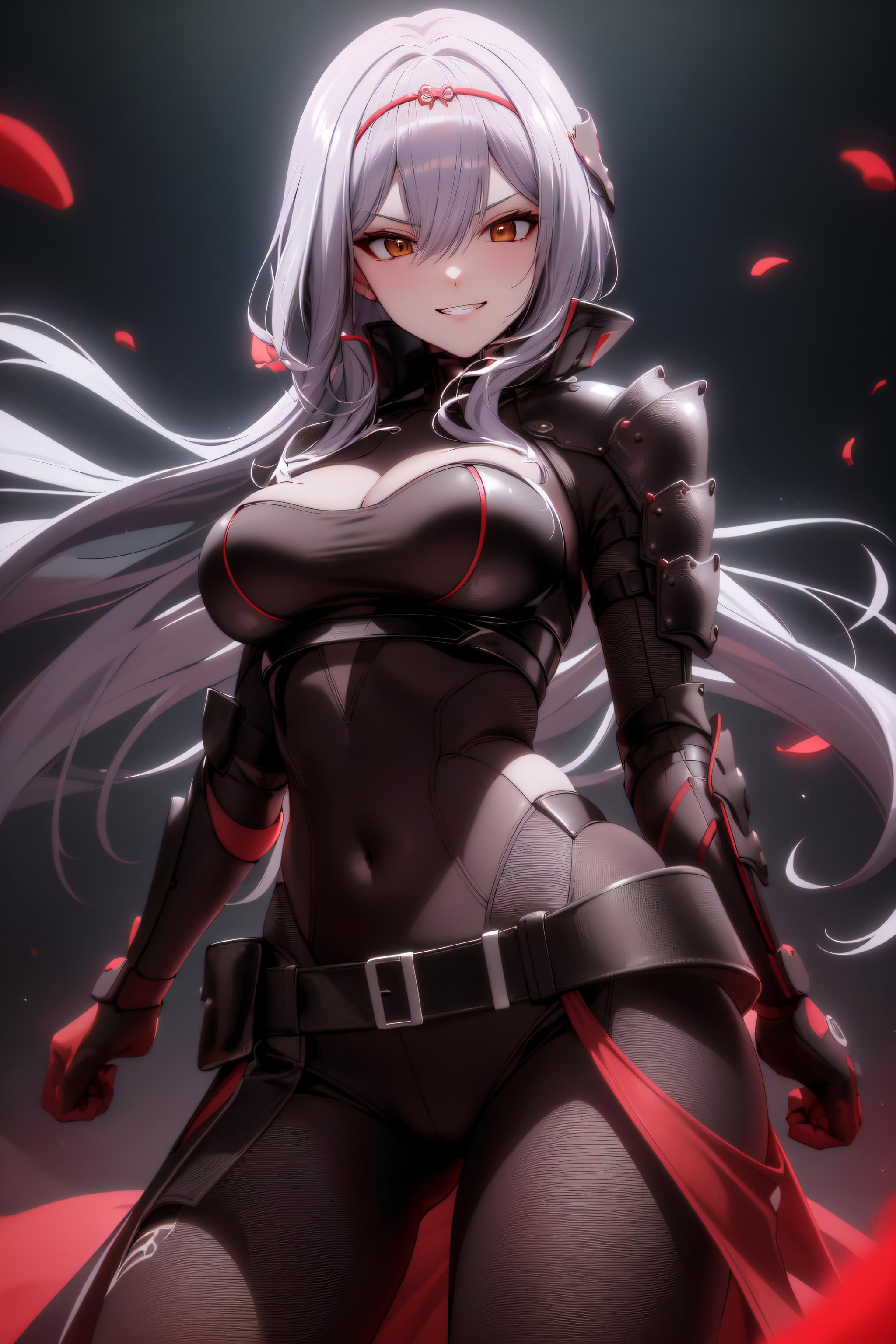 <lora:ScarletV25-000011:0.9> (masterpiece, best quality, detailed), scarletg, long hair, bodysuit, (shoulder armor:0.8), half-skirt, belt, headpiece, smirk, clenched teeth, rim lighting, soft particles, dark, dim lighting