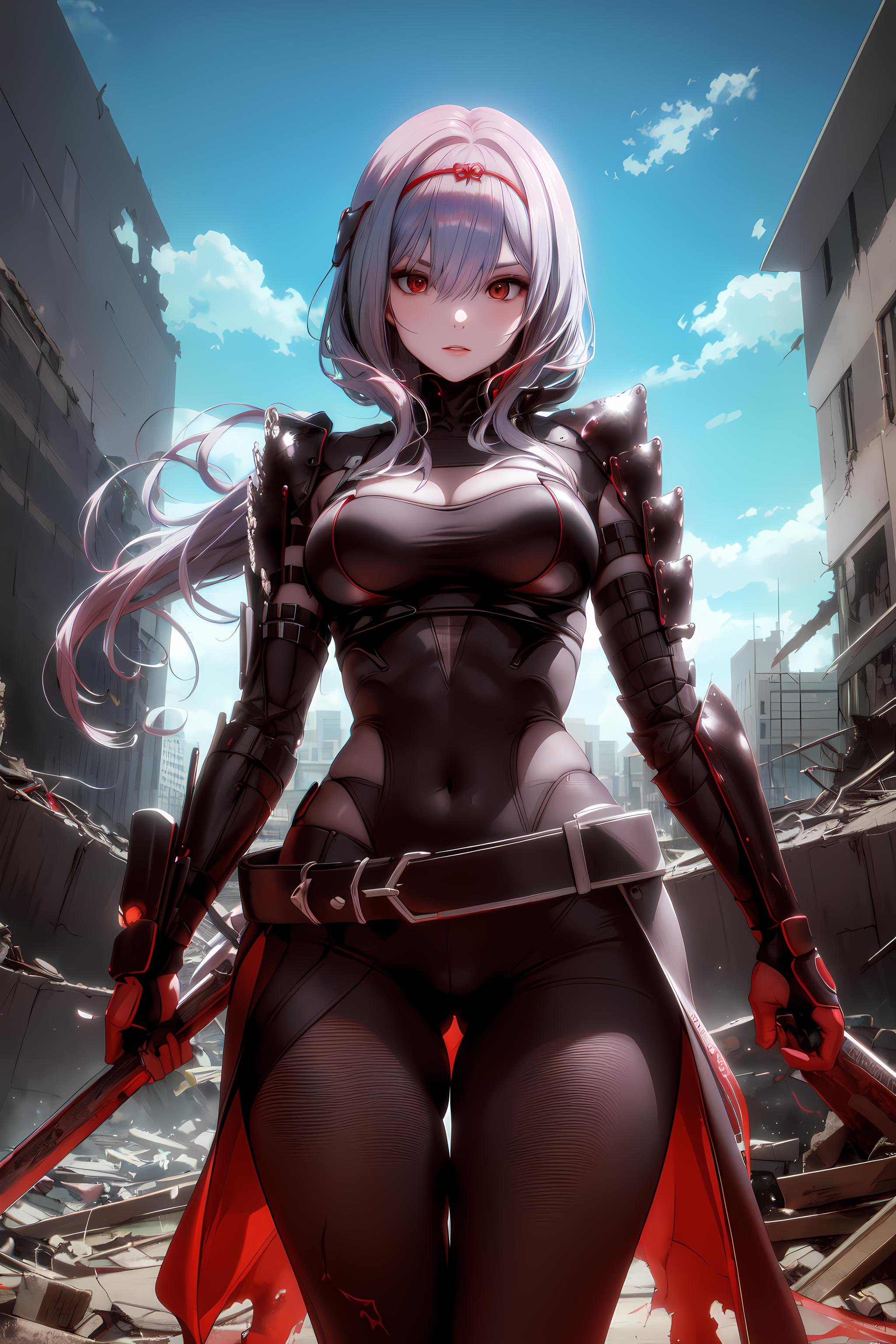 <lora:ScarletV25-000011:1> masterpiece, best quality, scarletg, long hair, cityscape, bodysuit, shoulder armor, half-skirt, belt, asymmetrical legwear,  sheath, headpiece, looking at viewer, facing viewer, destroyed building, sky, backlighting, dark