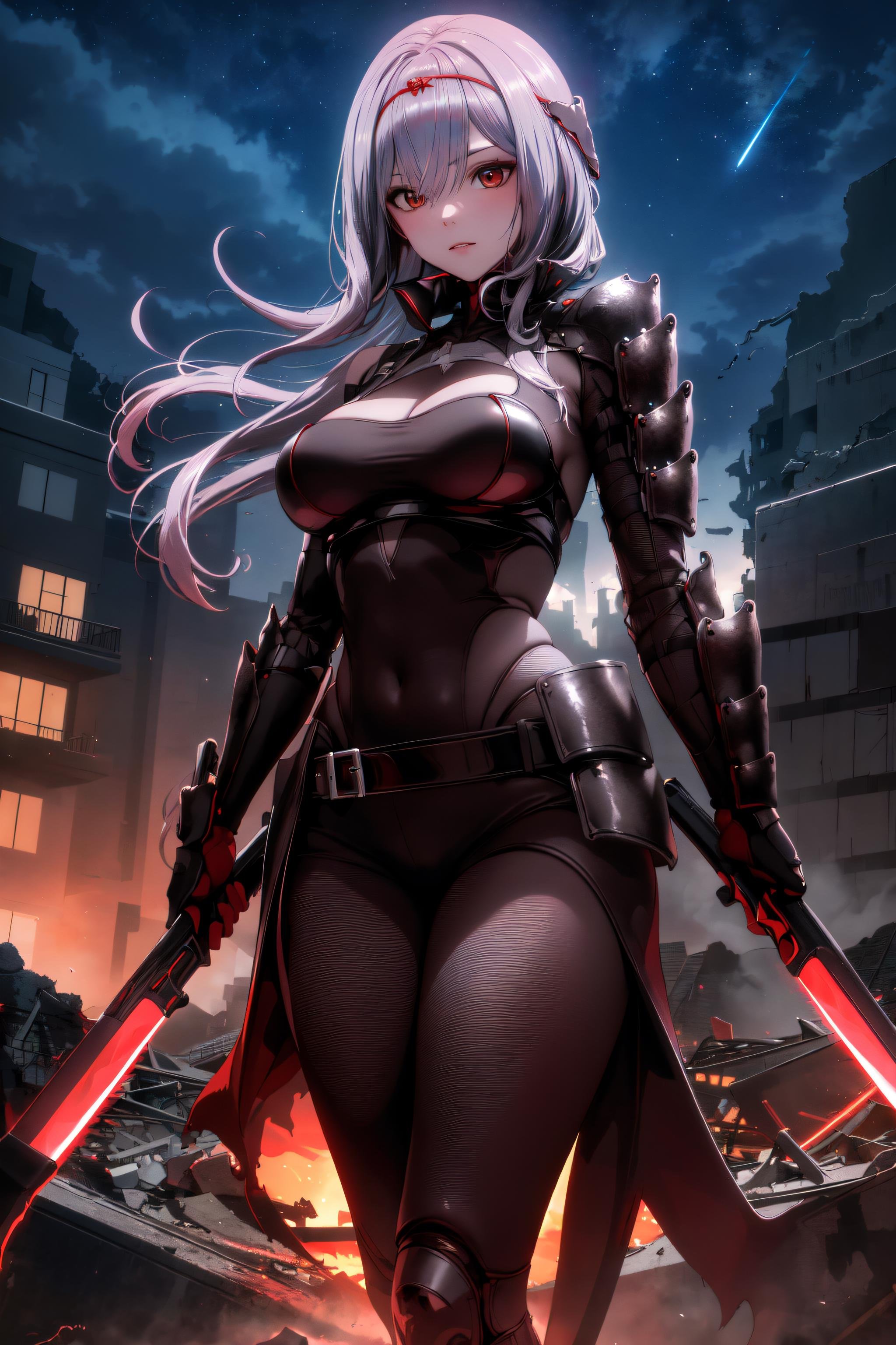 <lora:ScarletV25-000011:1> masterpiece, best quality, scarletg, long hair, cityscape, bodysuit, shoulder armor, half-skirt, belt, asymmetrical legwear,  sheath, headpiece, looking at viewer, facing viewer, destroyed building, sky, backlighting, dark, night sky, red katana, holding katana, (red lightsaber:0.8)