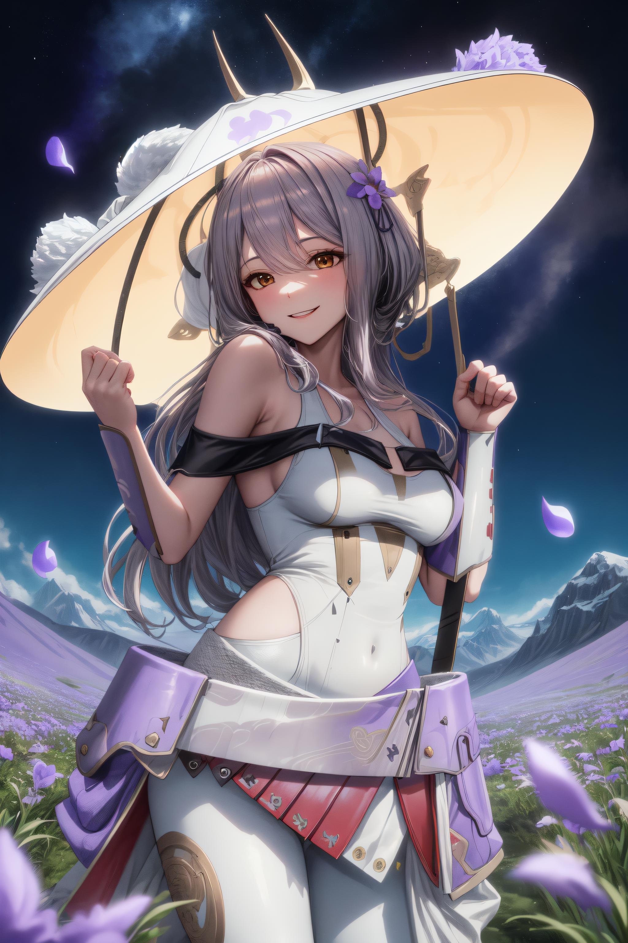 <lora:ScarletV25-000011:1> masterpiece, best quality, scarletx, long hair, smile, white leotard, white pants, bare shoulders, overskirt, hat, kasa, petals, fantasy landscape, flower field, mountain, starry sky