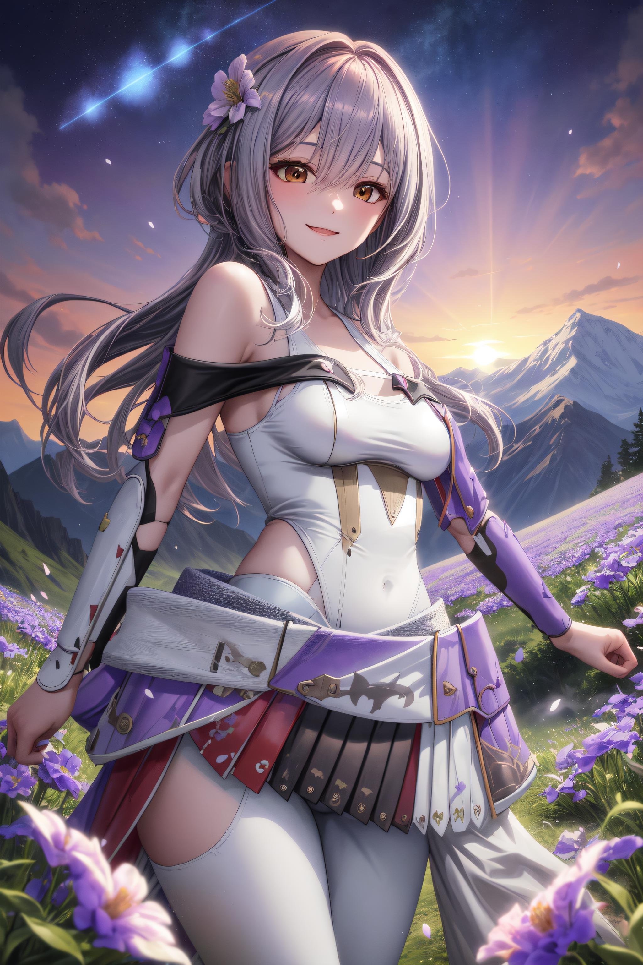 <lora:ScarletV25-000011:1> masterpiece, best quality, scarletx, long hair, smile, white leotard, white pants, bare shoulders, overskirt, hip vent, petals, fantasy landscape, mountain, flower field, starry sky, soft particles, sunset