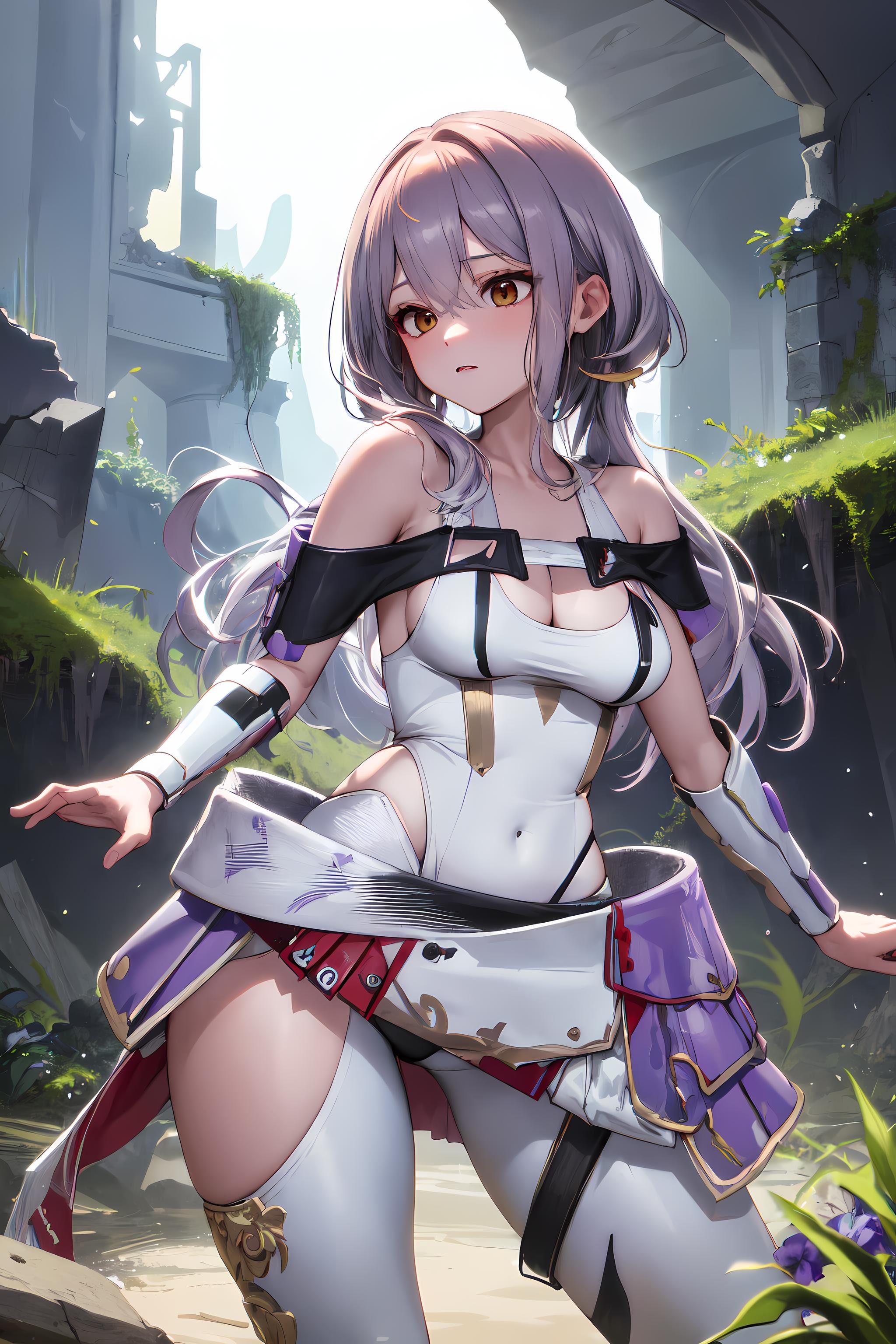 <lora:ScarletV25-000011:1> (masterpiece, best quality, detailed), scarletx, long hair, white leotard, white pants, bare shoulders, overskirt, hip vent, landscape, scenery, ruins, vines, overgrown, mysterious, rim lighting, soft particles