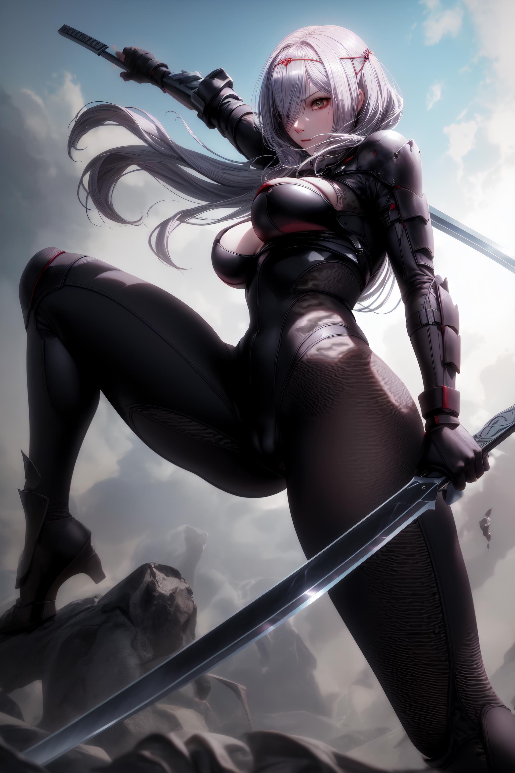 <lora:ScarletV25-000011:0.8> masterpiece, best quality, scarletg, long hair, bodysuit, headpiece, backlighting, fighting stance, katana