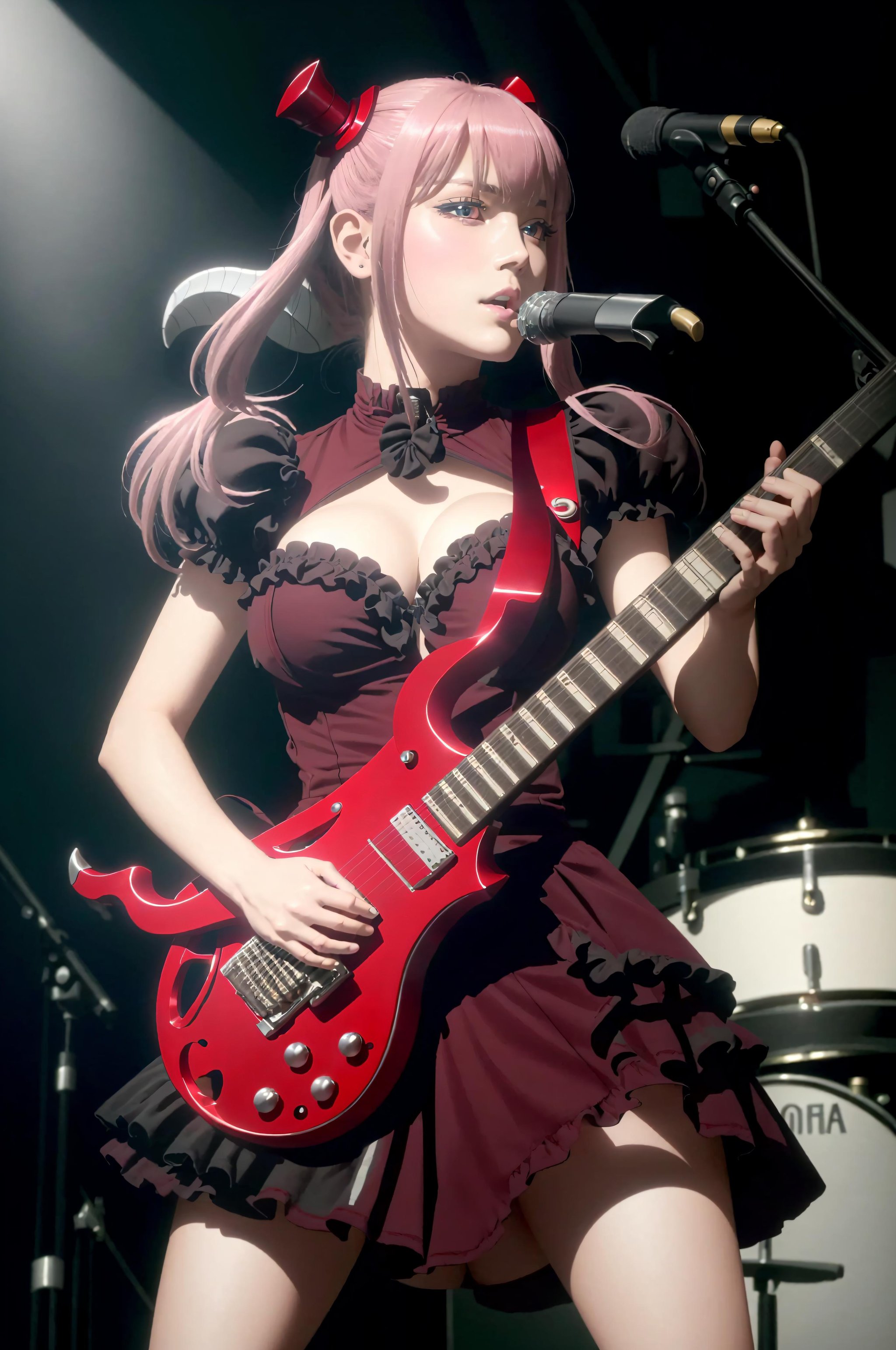 (masterpiece, best quality, detailed, photorealistic:1.2), 1girl, astaroth, red eyes, twintails, tail, astarothdress,  (playing instrument, astarothguitar:1.3), electric guitar, dark ambience, rock concert stage, <lora:Astaroth:0.7>