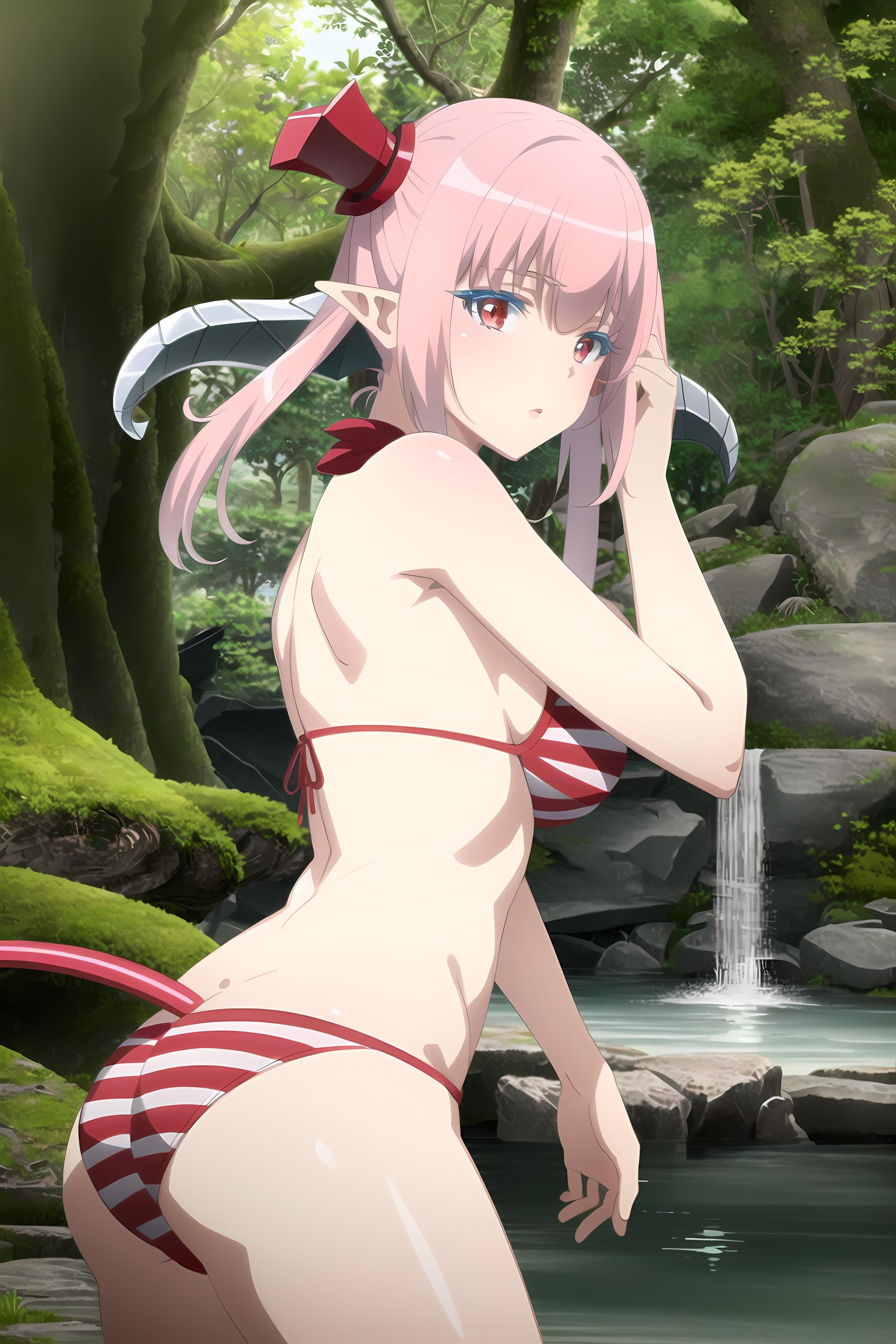 (masterpiece:1.2), (best quality:1.2), (highres:1.2), (detailed:1.2), 1girl, portrait of astaroth, red eyes, twintails, tail, striped bikini, caverns with waterfalls and hanging plants, flowers, mossy rocks, mossy ruins, lake, <lora:Astaroth:0.9>