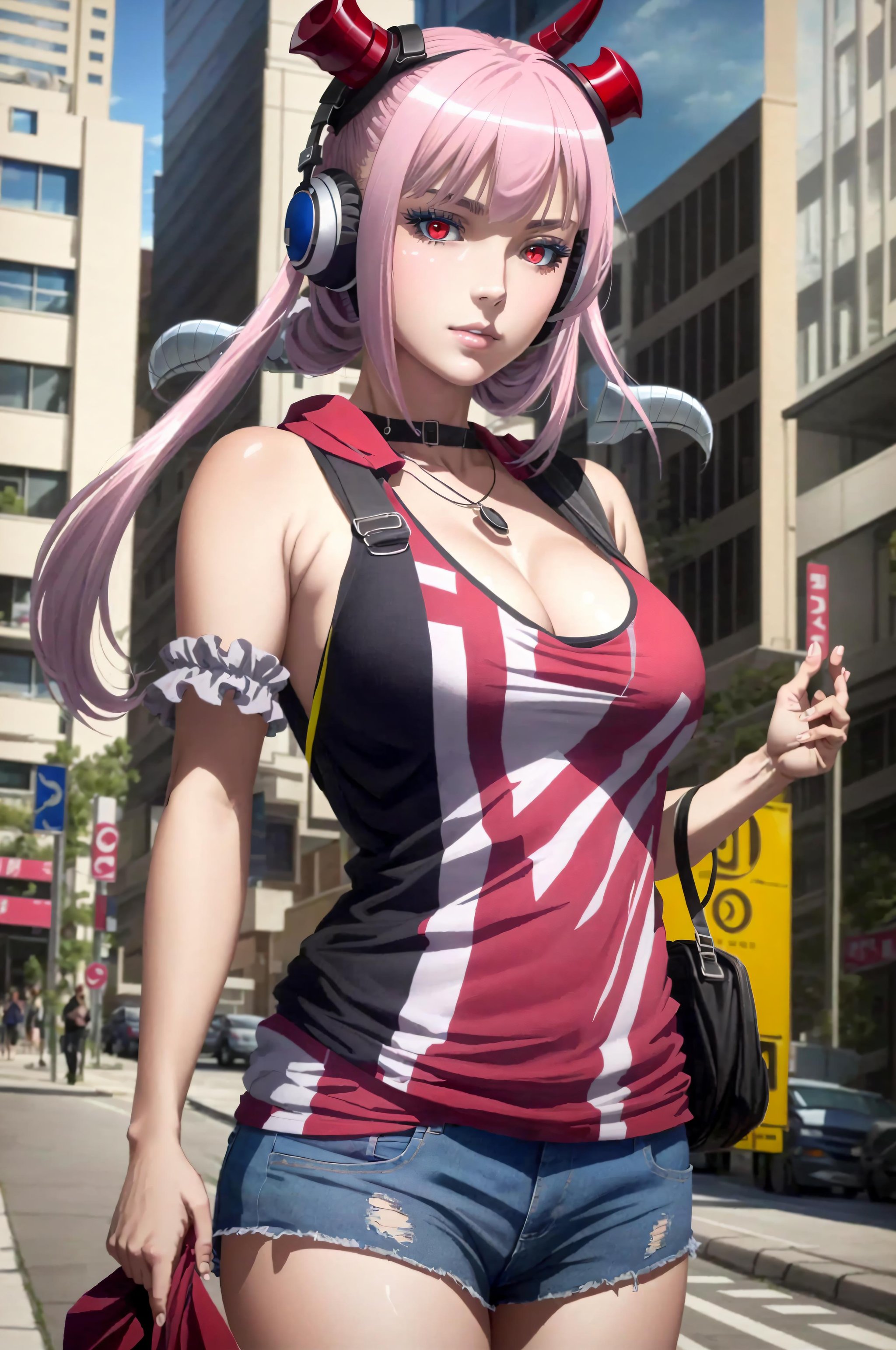 (masterpiece, best quality, detailed, photorealistic:1.2), astaroth, red eyes, twintails, casual, headphones, city street, horns, large breasts, facing front, punk rock, <lora:Astaroth:0.7>