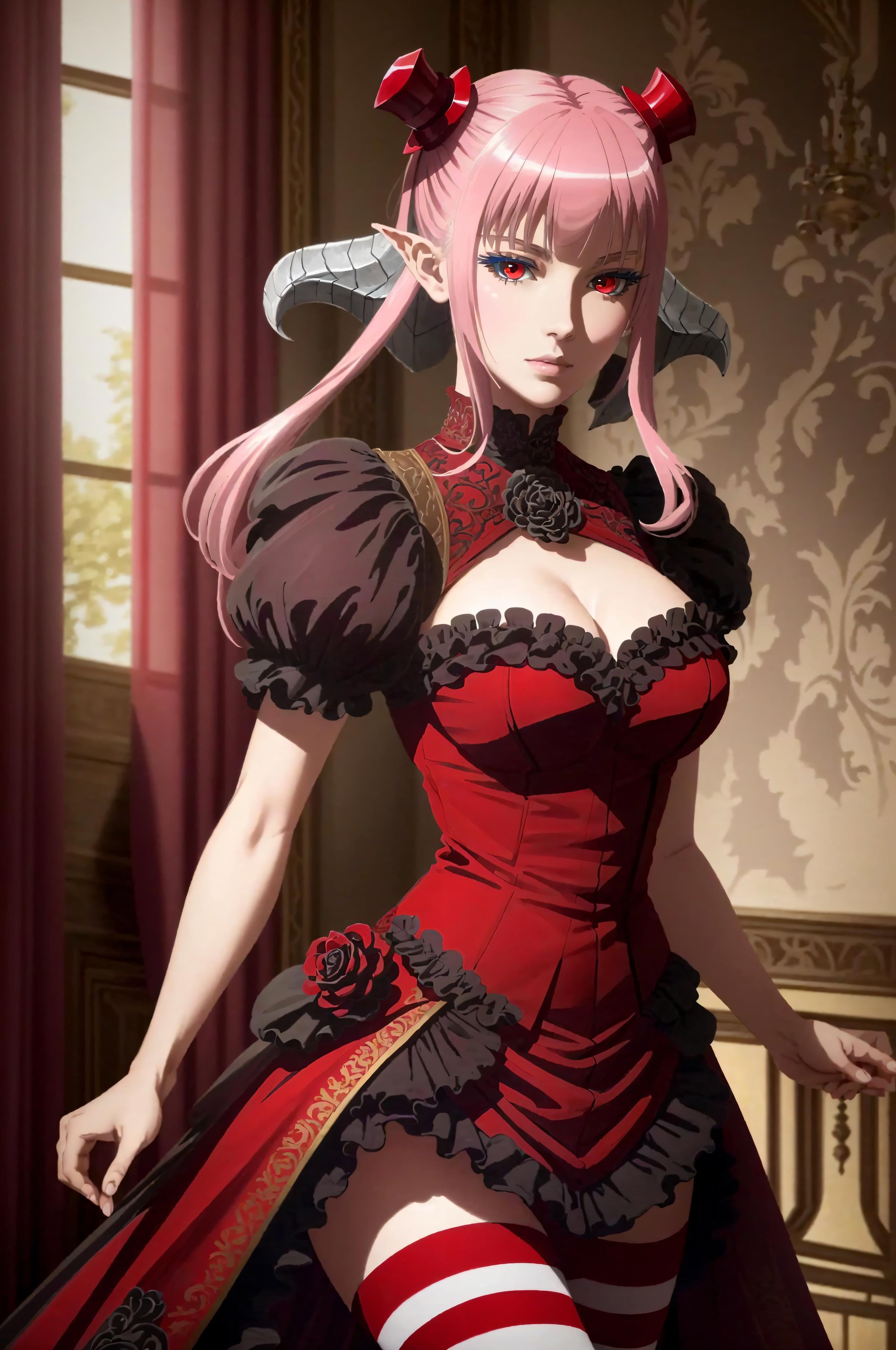 ((masterpiece)), ((best quality)), ((detailed)), (realistic), astaroth, red eyes, twintails, tail,  astarothdress, striped thighighs, dark background, medieval castle interior, dark ambience, dramatic lighting, <lora:AstarothV43:0.7>