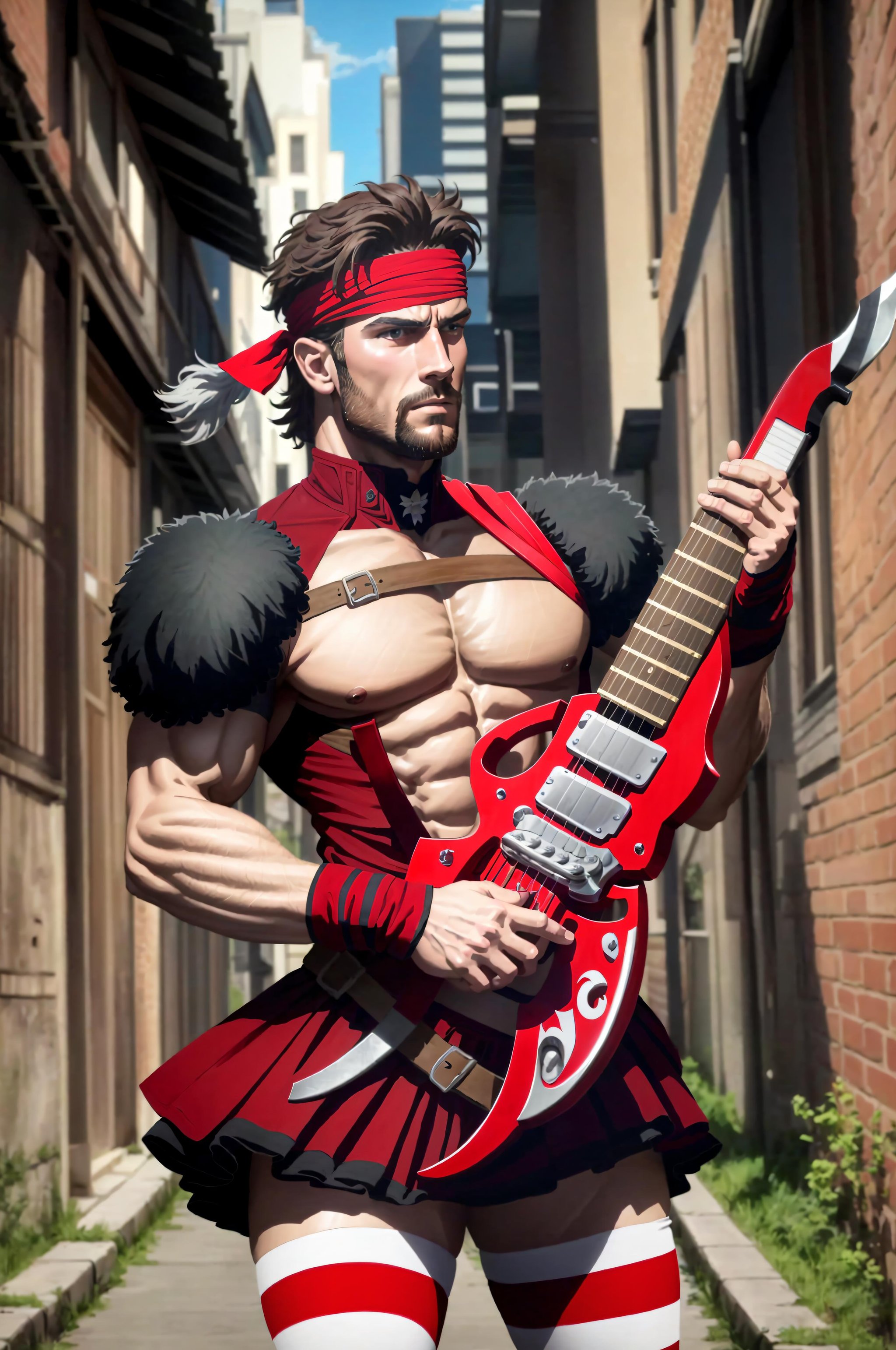 (masterpiece, best quality, detailed, photorealistic:1.2), muscular man, solid snake, headband, astarothdress, striped thighhighs, (playing instrument, astarothguitar:1.3), red dress, red skirt, alley, <lora:Astaroth:0.7> <lora:solidsnake-nvwls-v1-final:0.4>