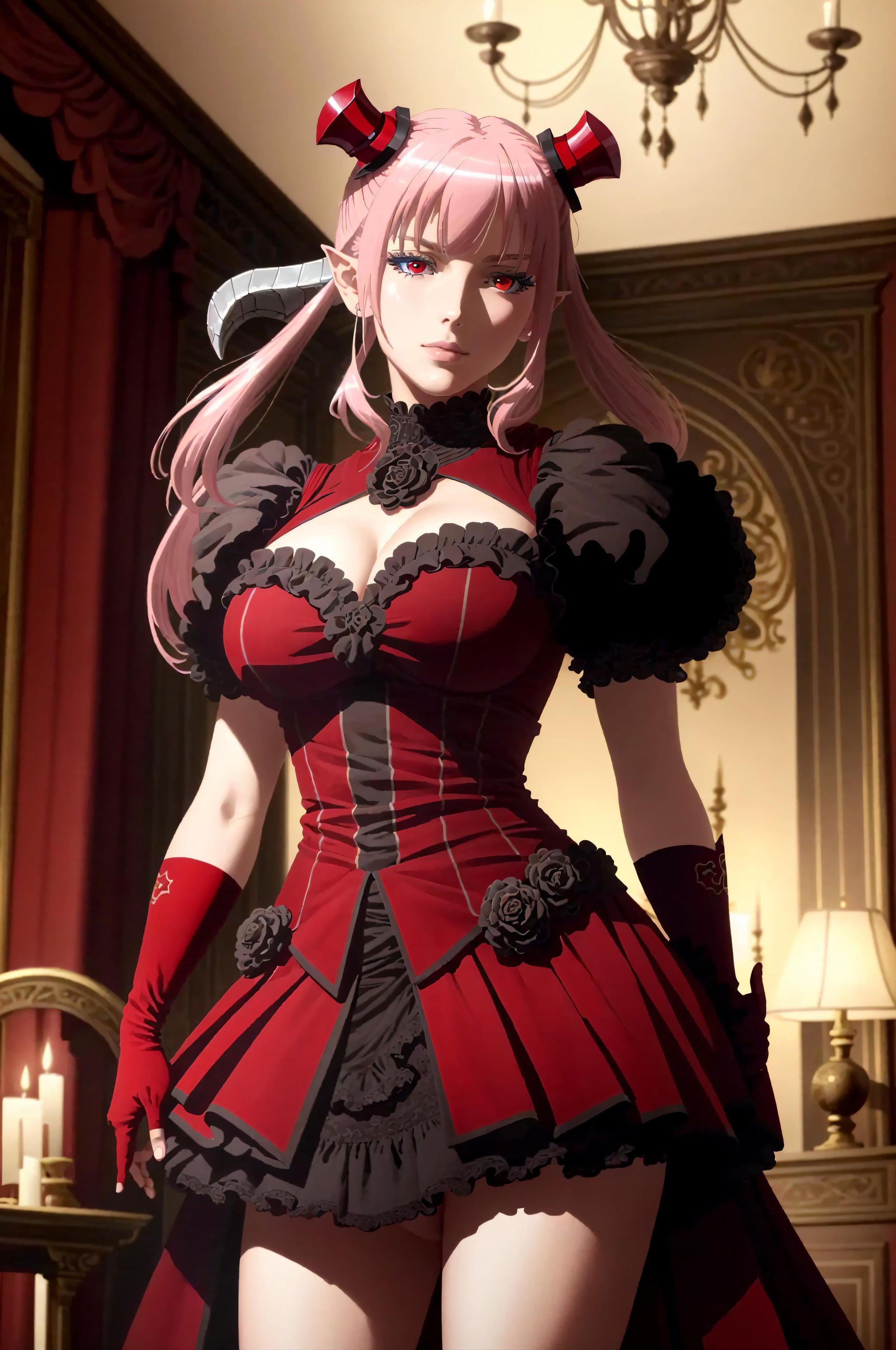 ((masterpiece)), ((best quality)), ((detailed)), (realistic), astaroth, red eyes, twintails, tail,  astarothdress, striped thighighs, fingerless gloves, dark background, medieval castle interior, dark ambience, dramatic lighting, <lora:AstarothV43:0.75>